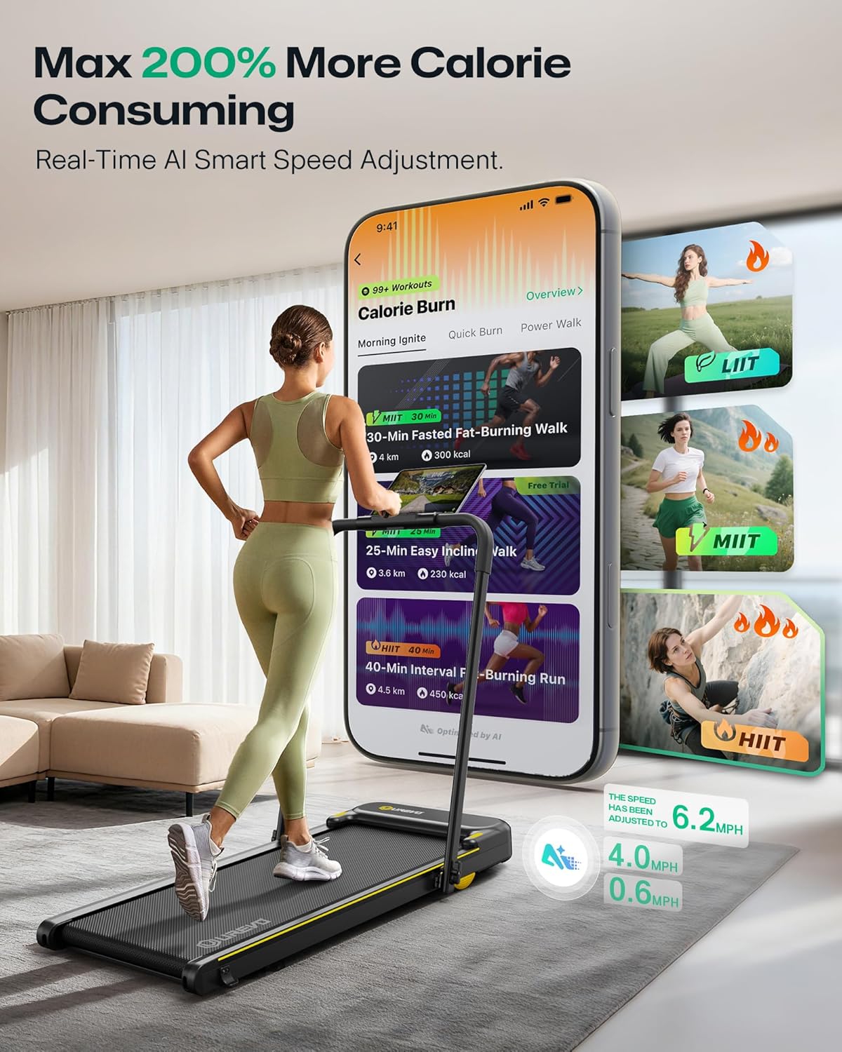 Showcases the treadmill's ability to maximize calorie burn through AI-powered speed adjustments and diverse workout options, appealing to users seeking…