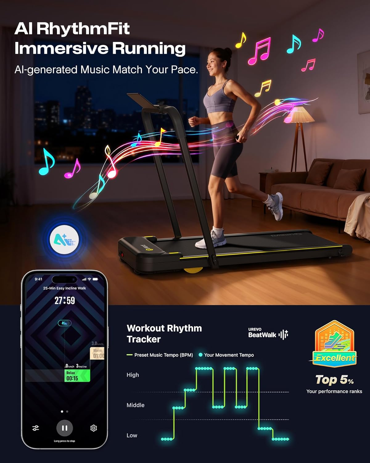 Showcases multiple features of the treadmill, including AI-generated music that matches running pace and a workout rhythm tracker, to demonstrate its advanced…