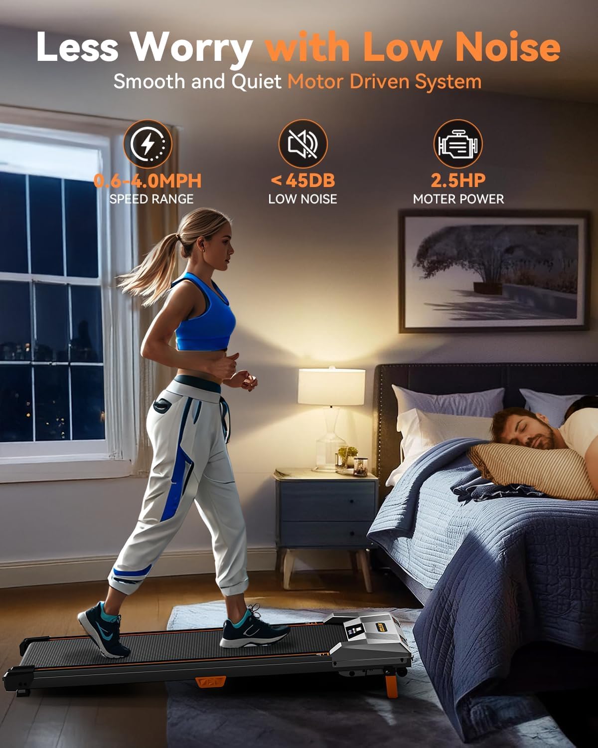 Highlights multiple features of the treadmill to show its quiet operation and performance capabilities, reassuring potential buyers about its suitability for…