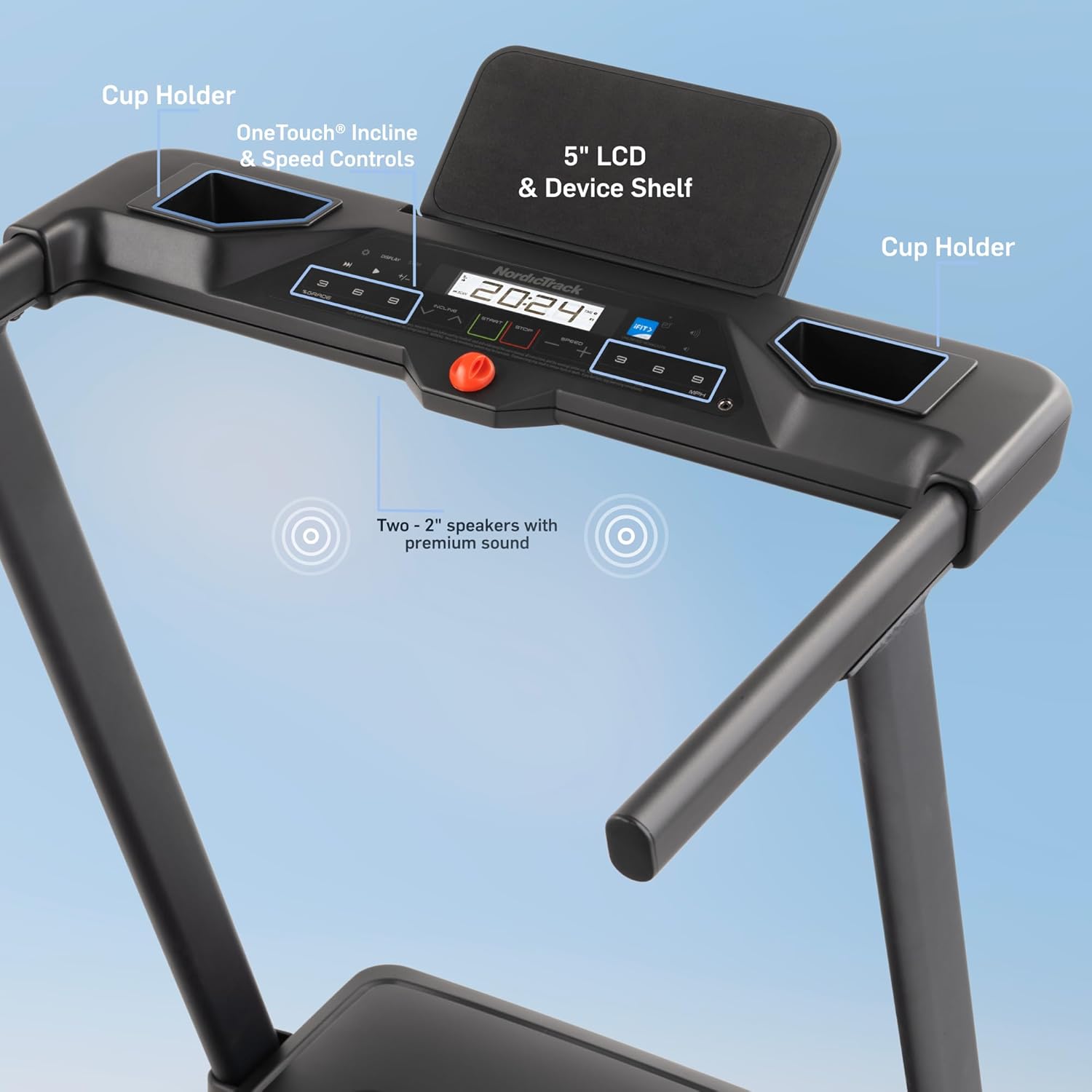 Highlights key features of the treadmill console to show its functionality and convenience.