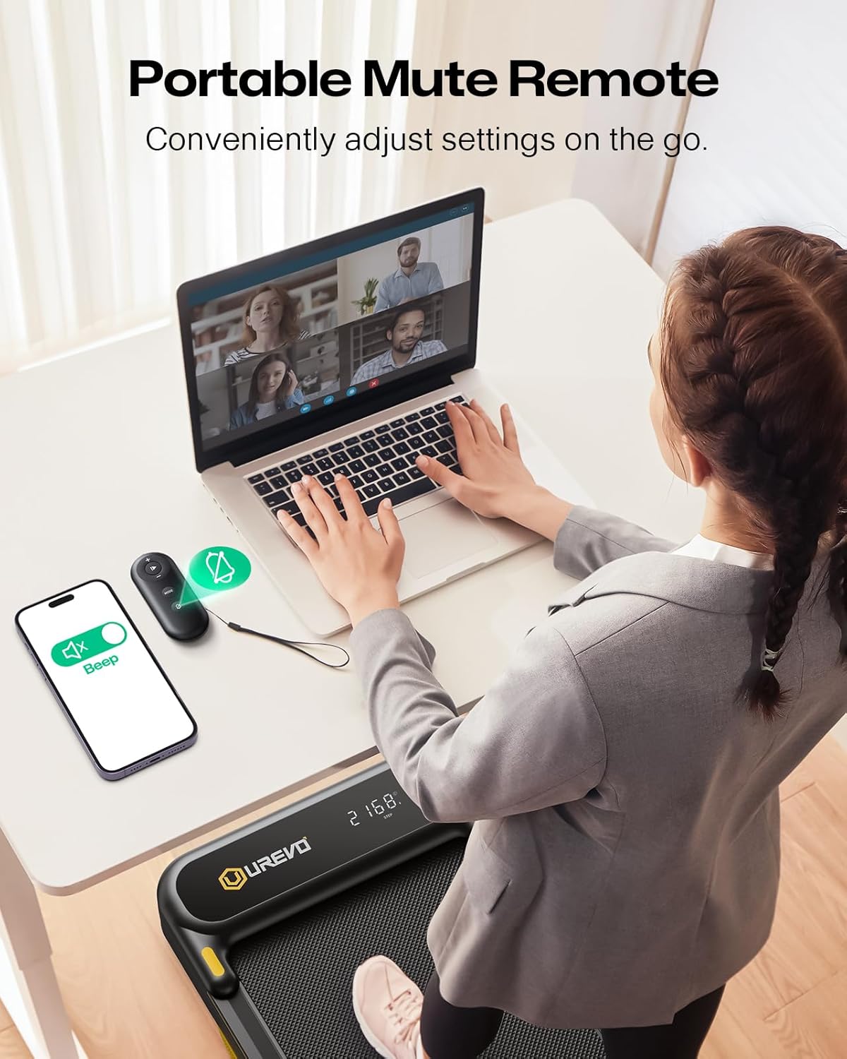 Highlights the convenience of adjusting settings on-the-go with a portable mute remote, enhancing user control during video calls.