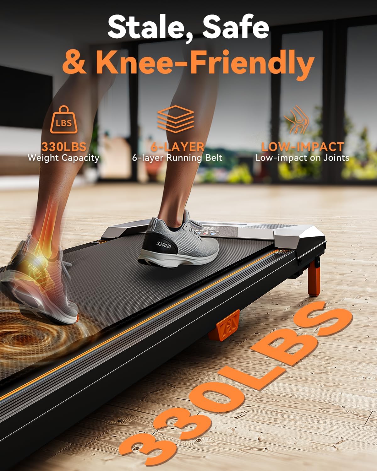Highlights multiple key features of the treadmill to demonstrate its stability, durability, and joint-friendly design for user safety and comfort.