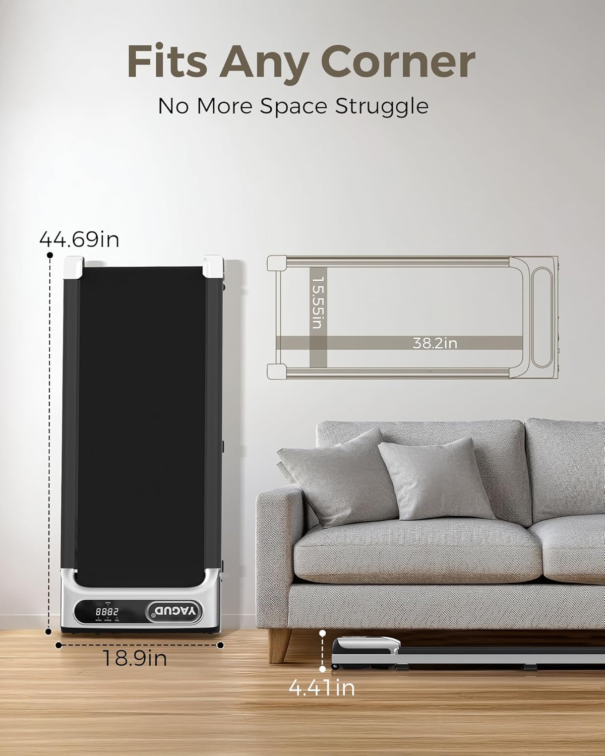 Demonstrates the product's compact size and ability to fit in any corner, addressing space concerns for potential buyers. Highlights the product's key benefit…