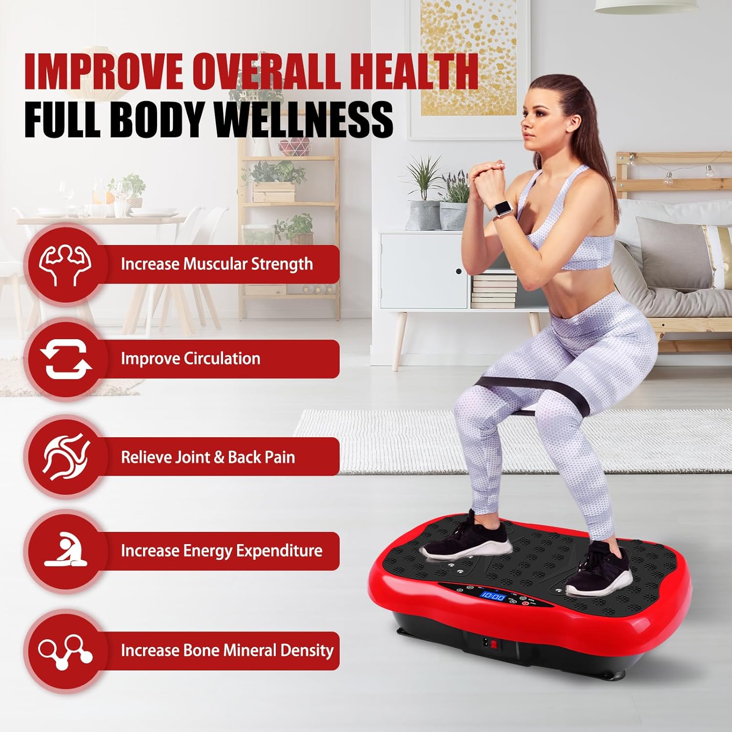 Highlights multiple health benefits of using the vibration platform, emphasizing overall wellness and specific improvements to various aspects of physical…