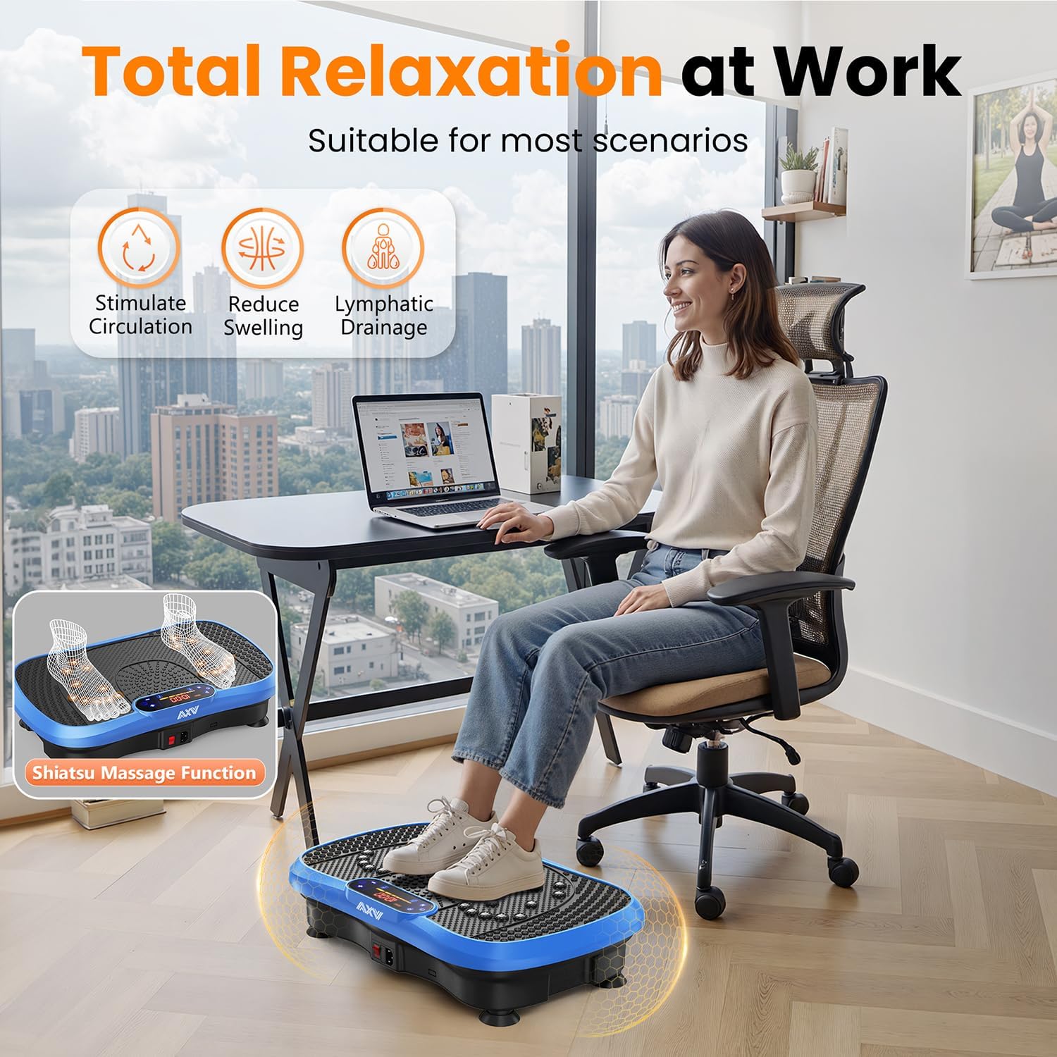 Demonstrates how the product can be used in an office setting to promote relaxation and wellness while working. Highlights multiple health benefits of using the product, including improved…