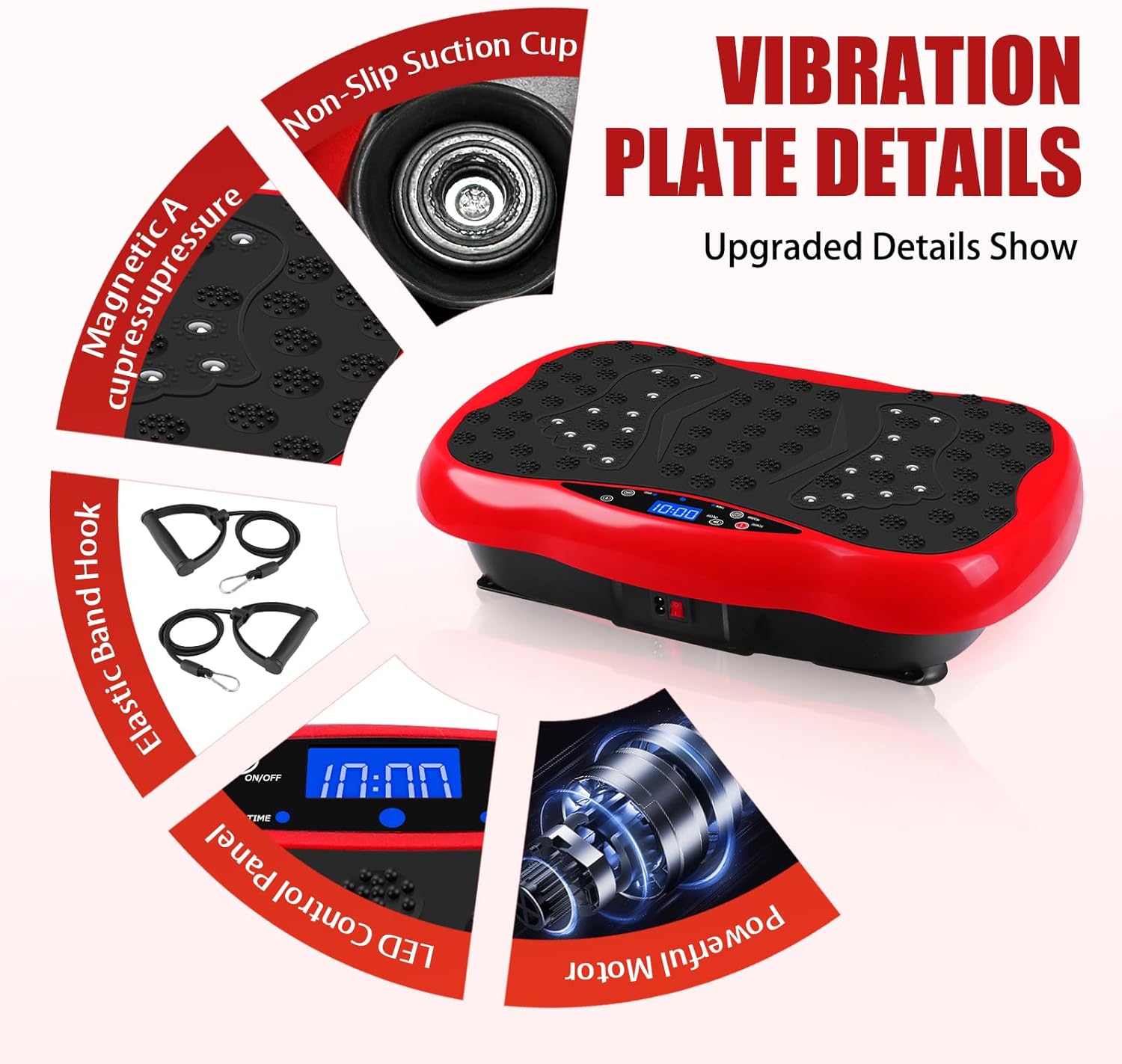 Highlights multiple upgraded features of the vibration plate to demonstrate its superior design and functionality.
