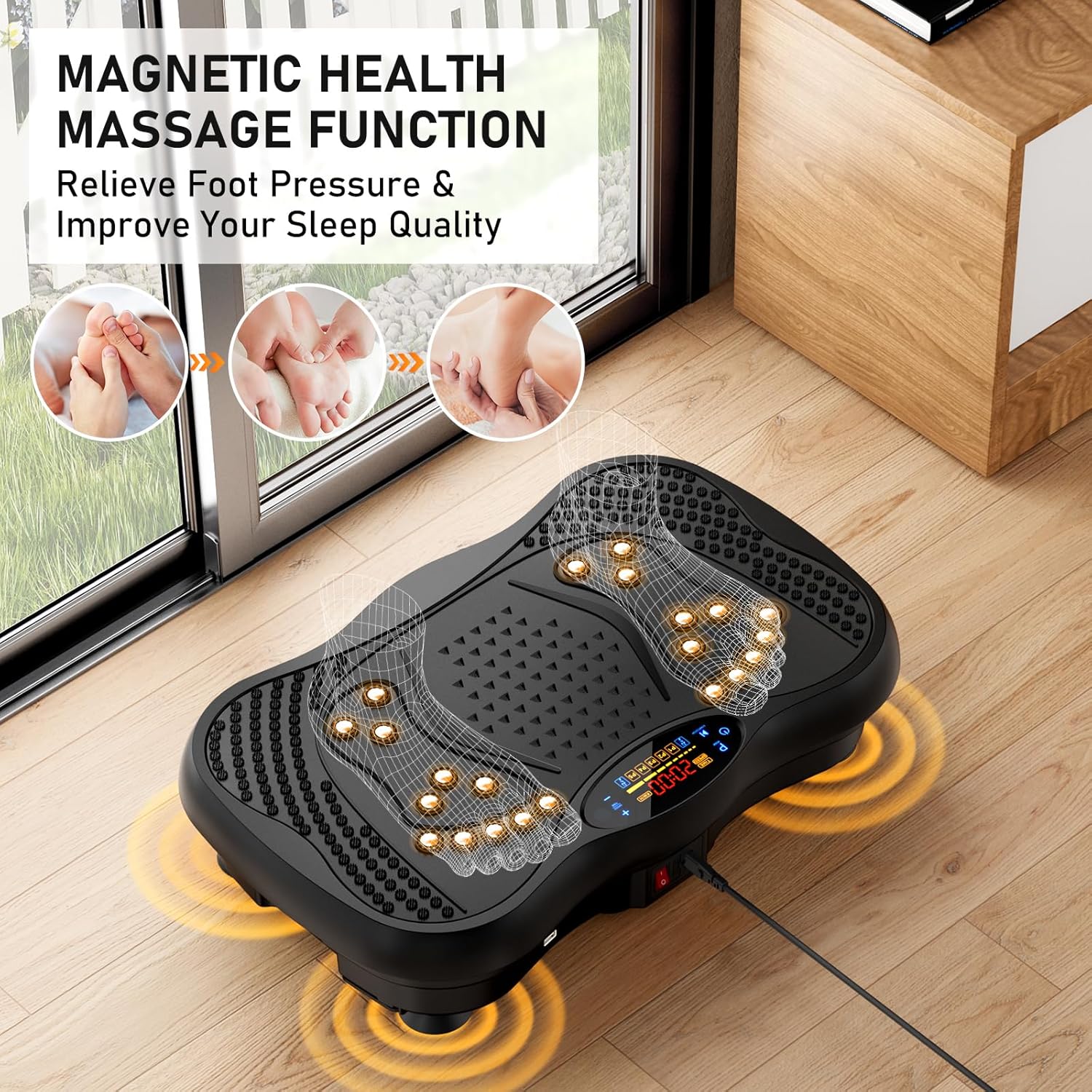 Highlights the product's magnetic massage feature to relieve foot pressure and improve sleep quality.