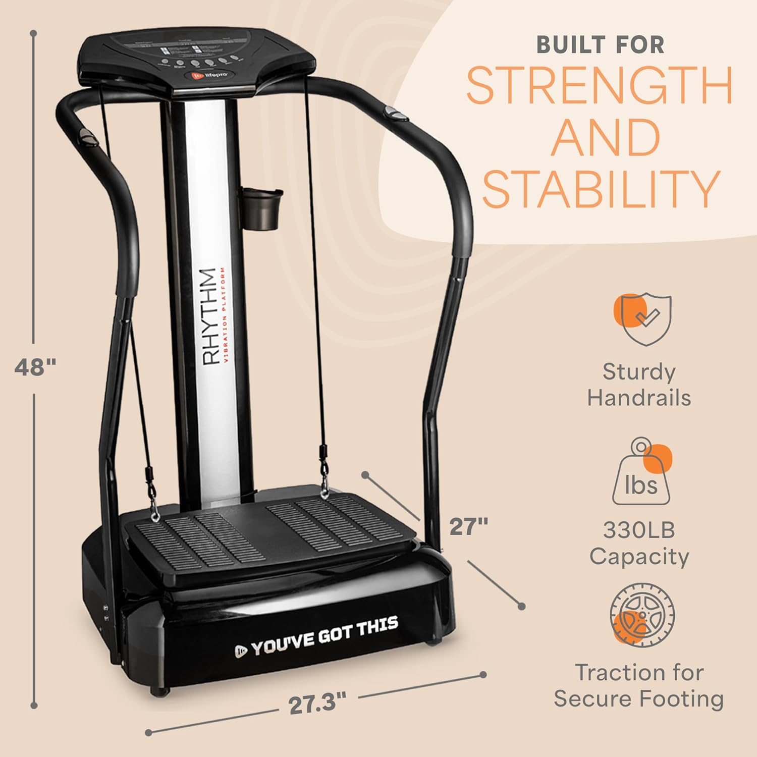 Highlights multiple features of the exercise machine to demonstrate its strength, stability, and user-friendly design for safe and effective workouts. Provides exact measurements of the product to…
