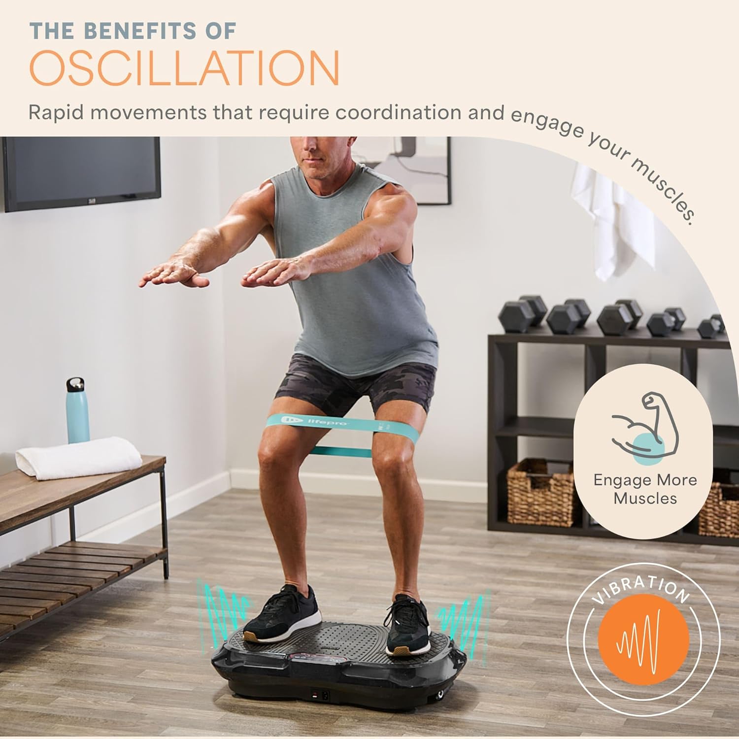 Highlights the specific benefit of oscillation in the exercise equipment, emphasizing how it engages more muscles through rapid movements and coordination.