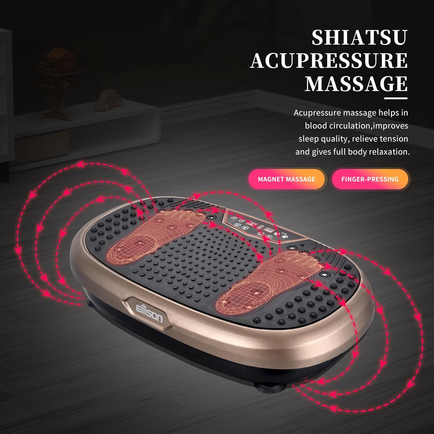 Highlights multiple massage features and benefits of the product, emphasizing its ability to improve blood circulation, sleep quality, relieve tension, and…