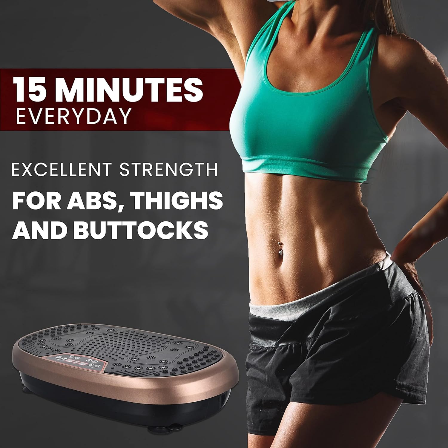 Highlights the quick 15-minute daily workout and specific muscle groups targeted to appeal to time-conscious consumers looking for effective, focused exercise.