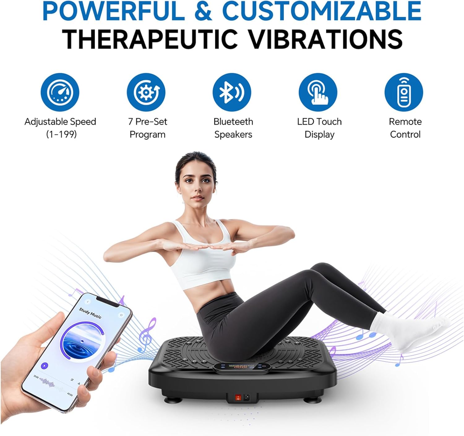 Highlights multiple customizable features of the vibration therapy device to show its versatility and ease of use.