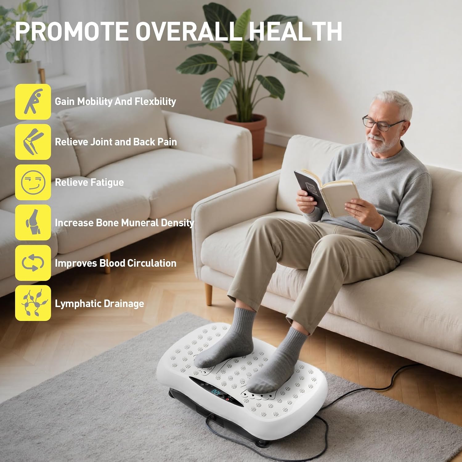 Showcases multiple health benefits of the product, emphasizing how it can improve various aspects of overall health and wellness for older adults.