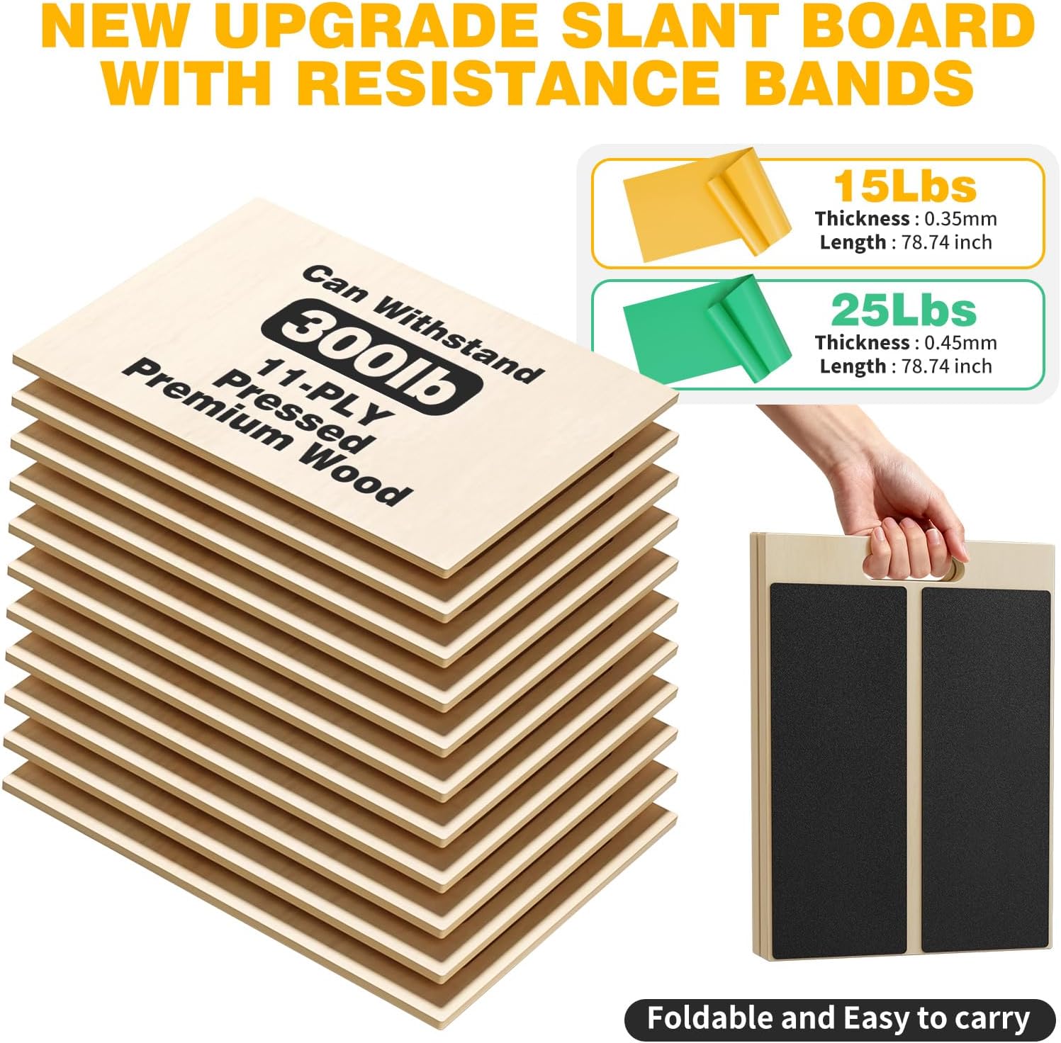 Highlights the product's strength, ease of transport, and included resistance bands to showcase its versatility and value.