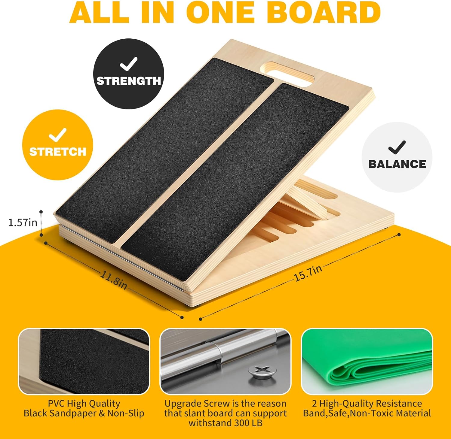 Highlights the versatility of the product as an all-in-one board for strength, stretching, and balance exercises.