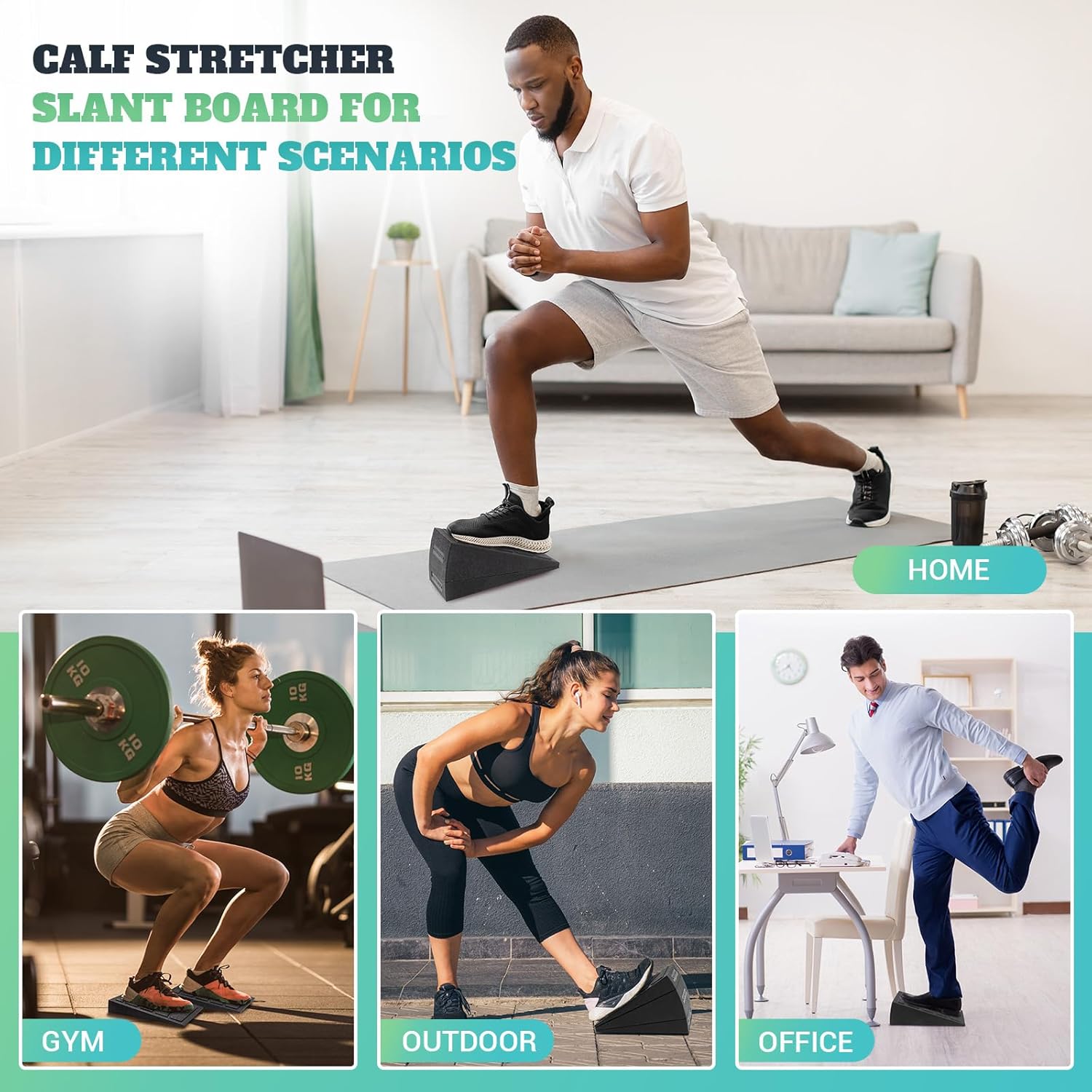 Demonstrates the versatility of the calf stretcher by showing its use in different scenarios: home, gym, outdoor, and office.