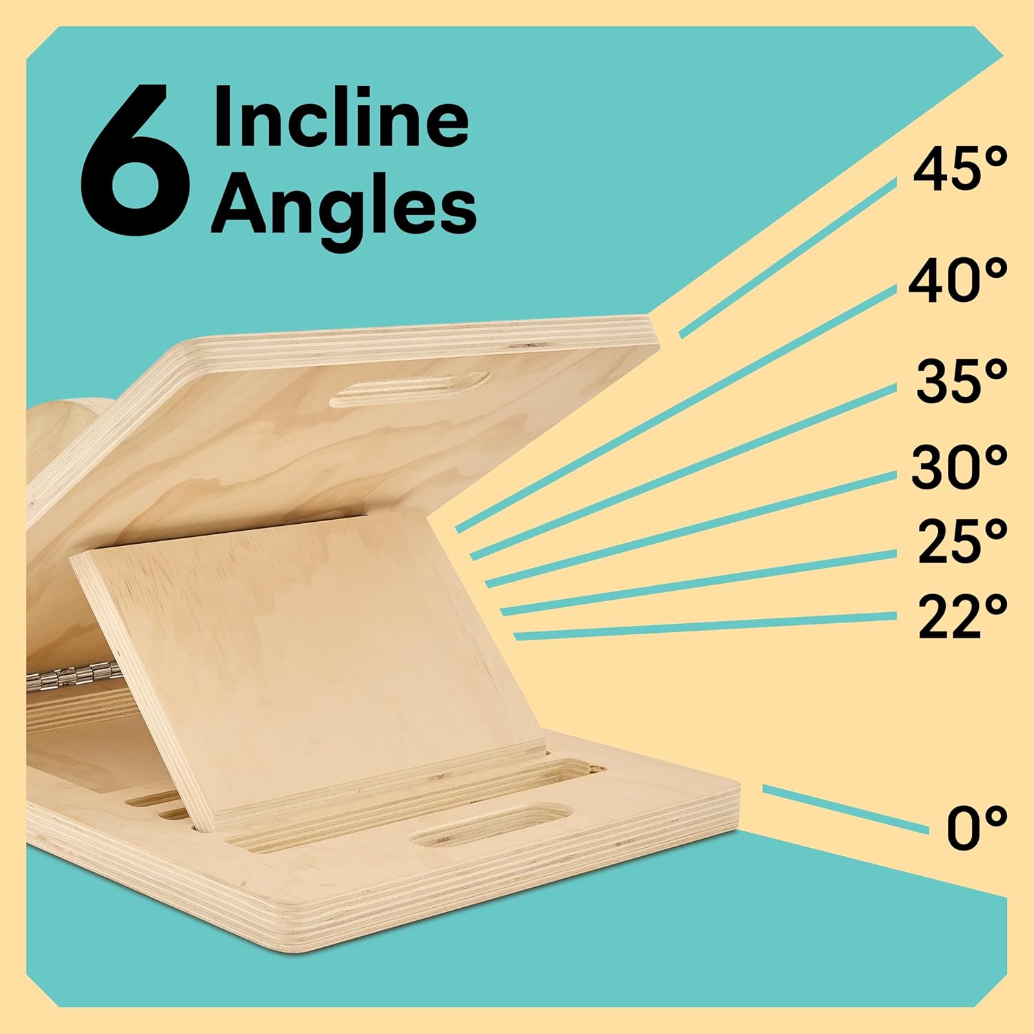 Highlights the product's ability to be adjusted to 6 different incline angles, demonstrating its versatility and ergonomic design.