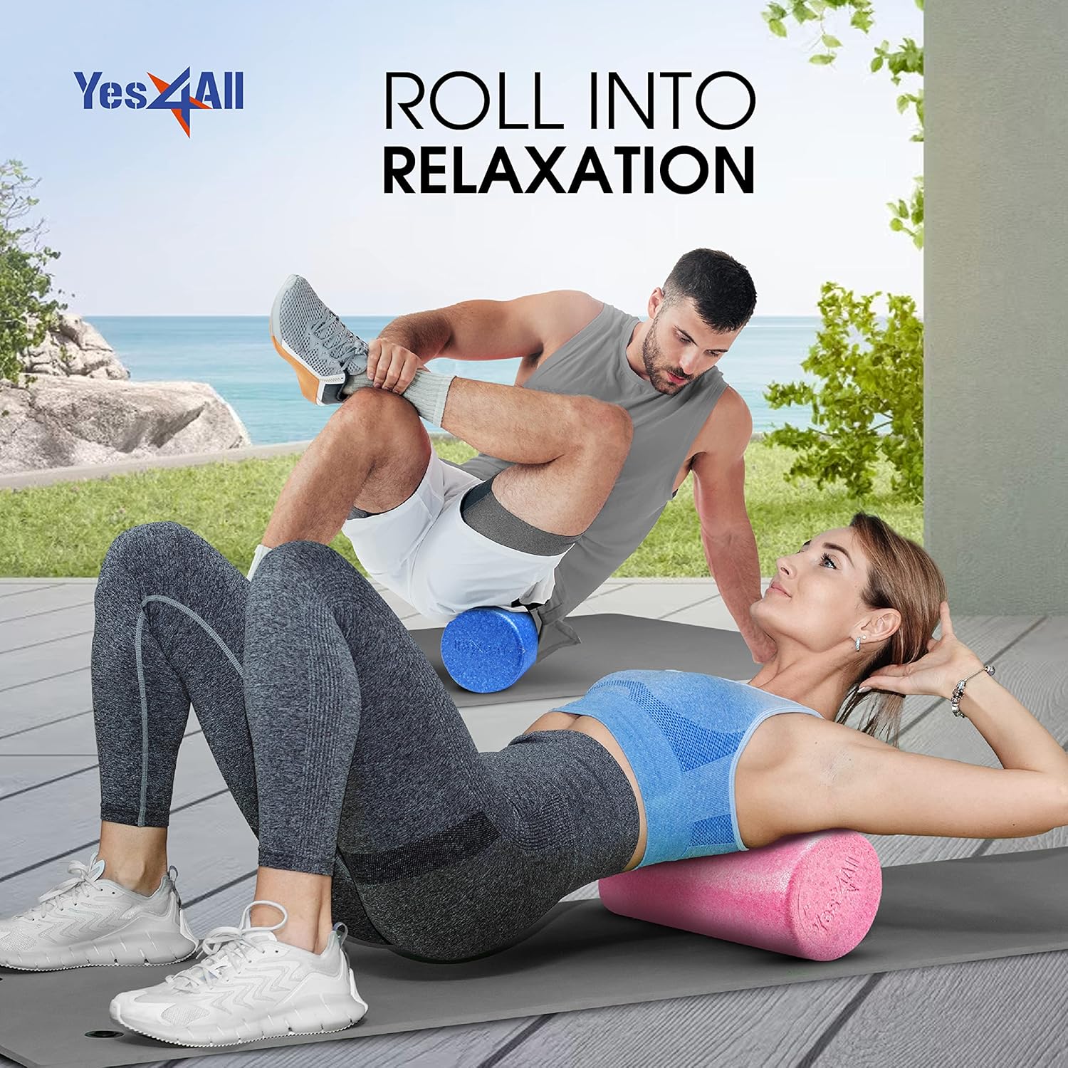 Demonstrates how foam rollers can be used for muscle recovery and relaxation in various settings, including outdoors. Shows the product being used in an…