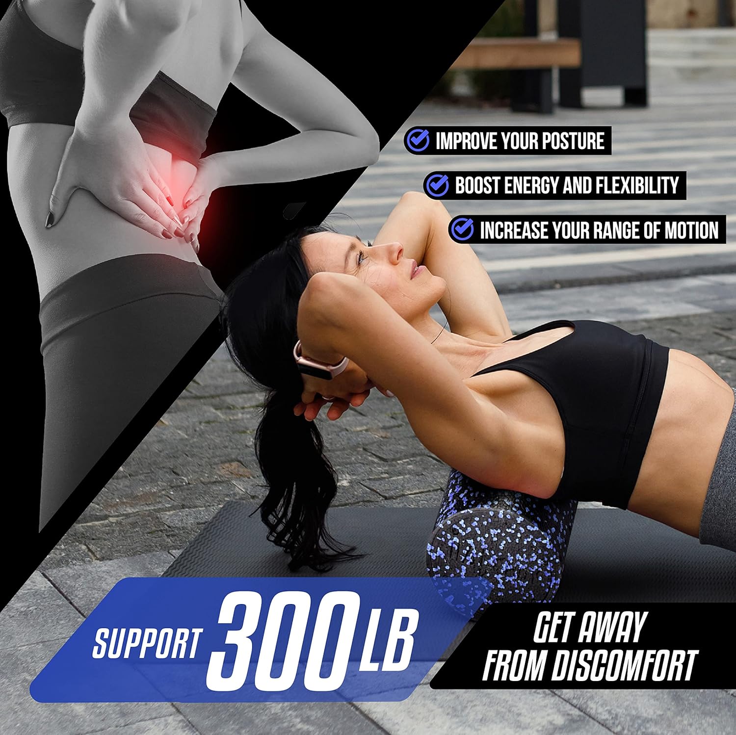 Highlights multiple benefits of the product, including improved posture, increased energy and flexibility, enhanced range of motion, and relief from back…