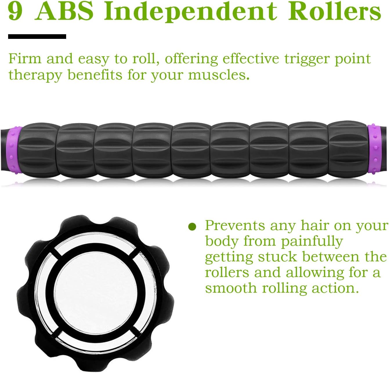 Highlights the product's 9 independent ABS rollers, emphasizing their effectiveness for muscle therapy and smooth rolling action.