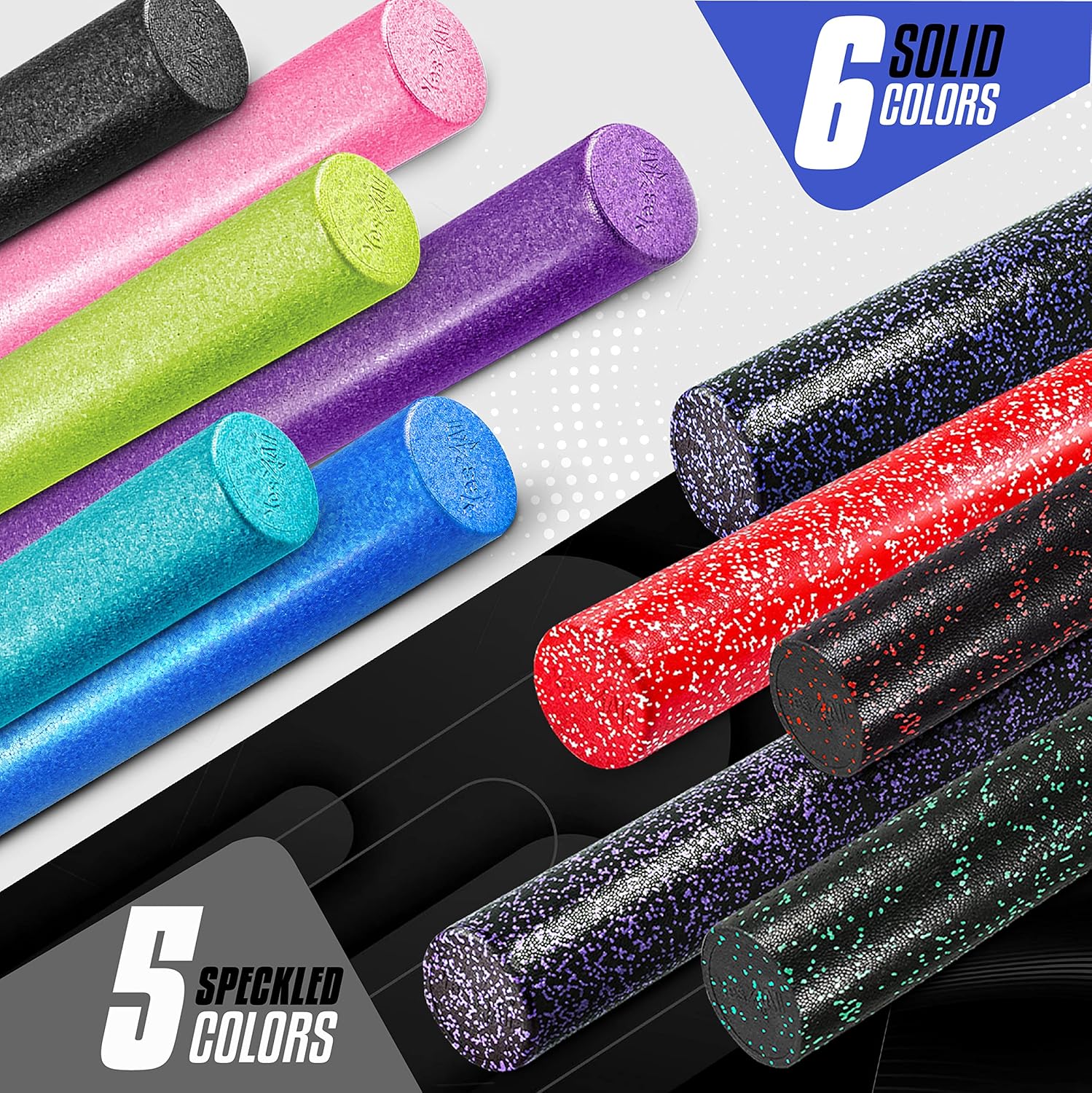 Showcases the range of color options available for the product, including both solid and speckled varieties.