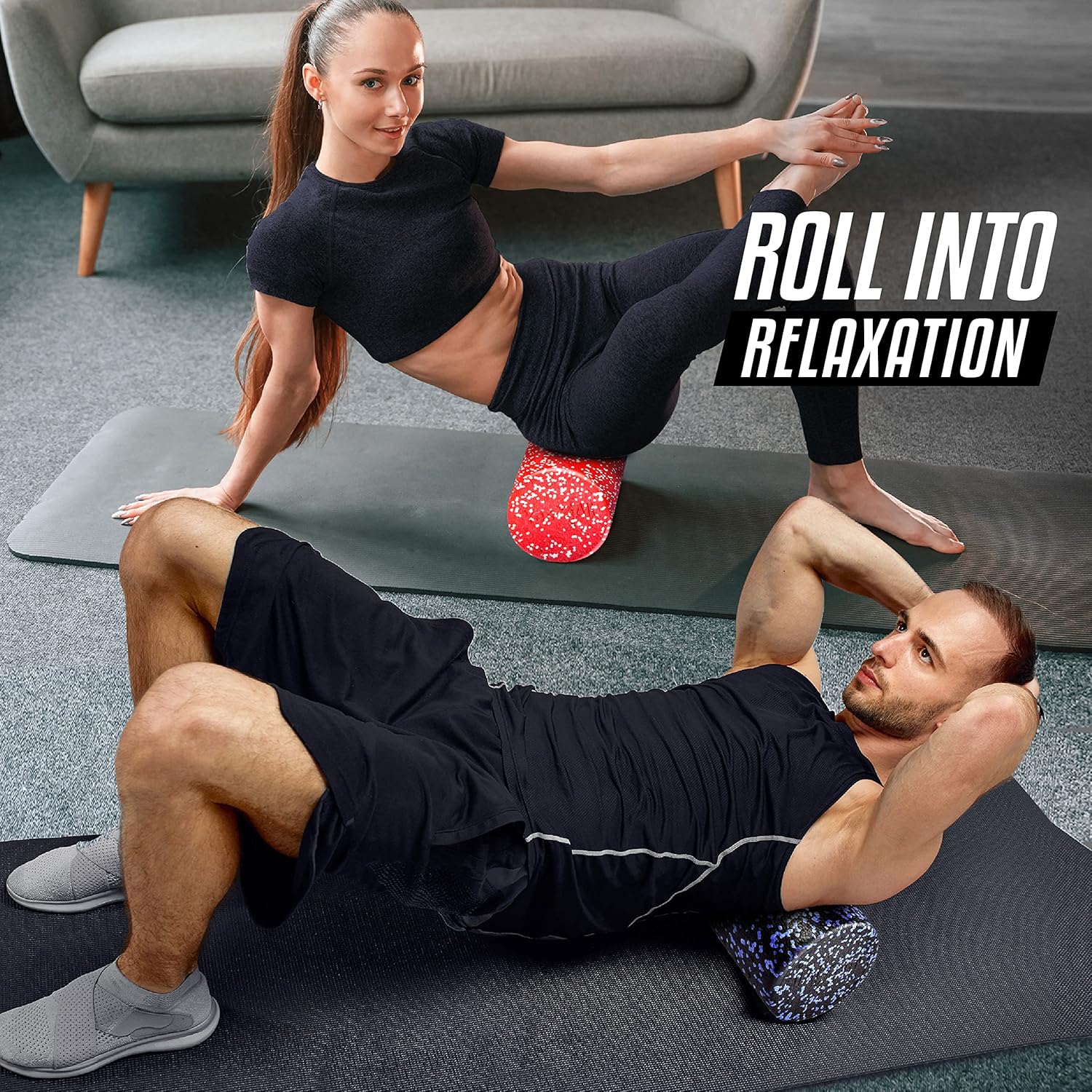 Demonstrates how the foam roller can be used for muscle relaxation and recovery exercises at home. Shows the correct positioning and technique for using the…