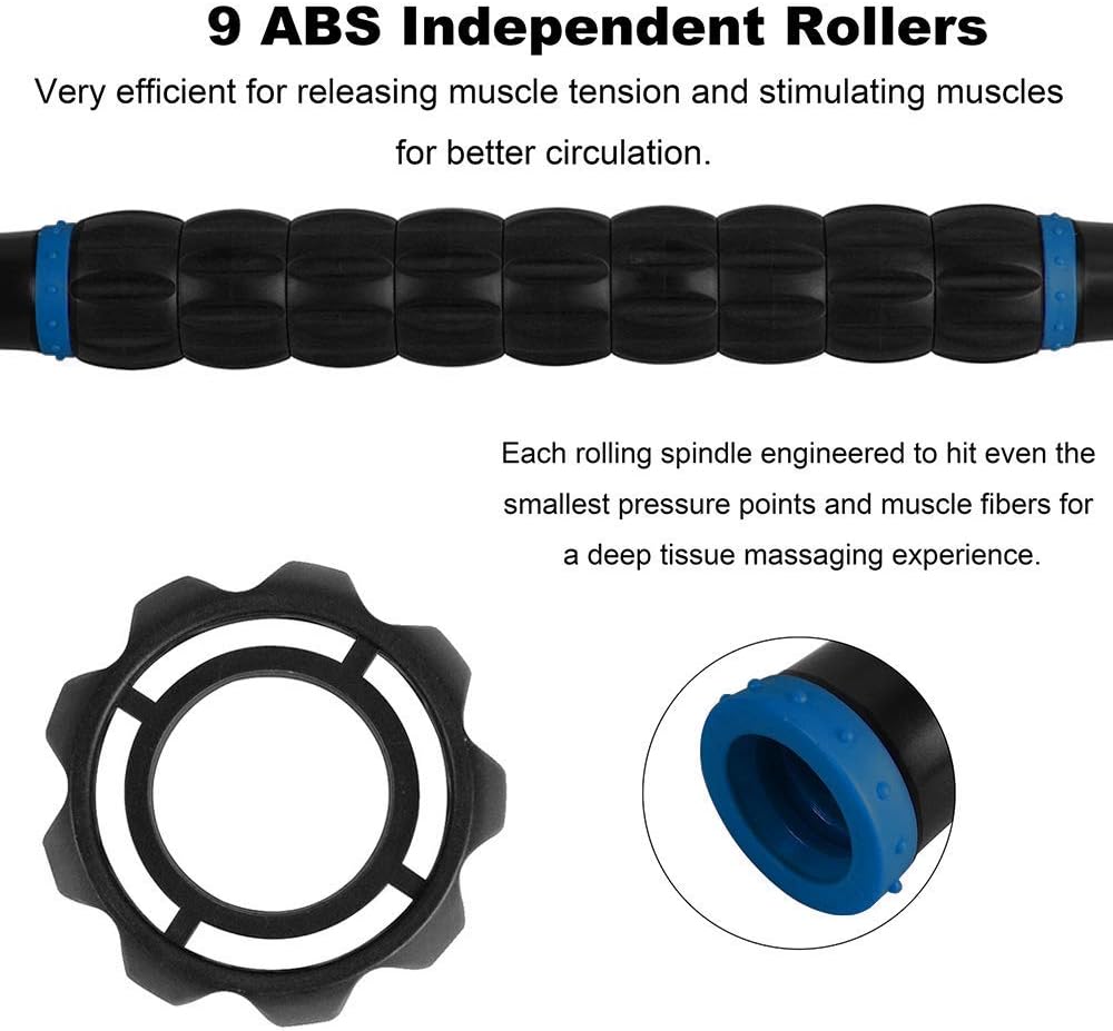Highlights the product's unique roller design for efficient muscle tension release and improved circulation.