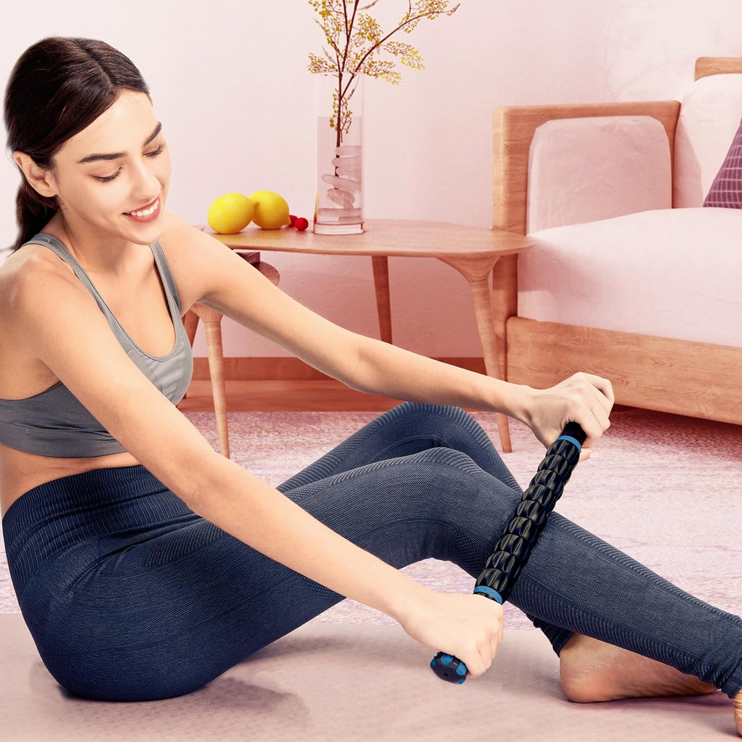 Shows the product being used in a home setting, demonstrating its convenience for indoor workouts. Illustrates how the product can be used for fitness routines in a comfortable home environment.