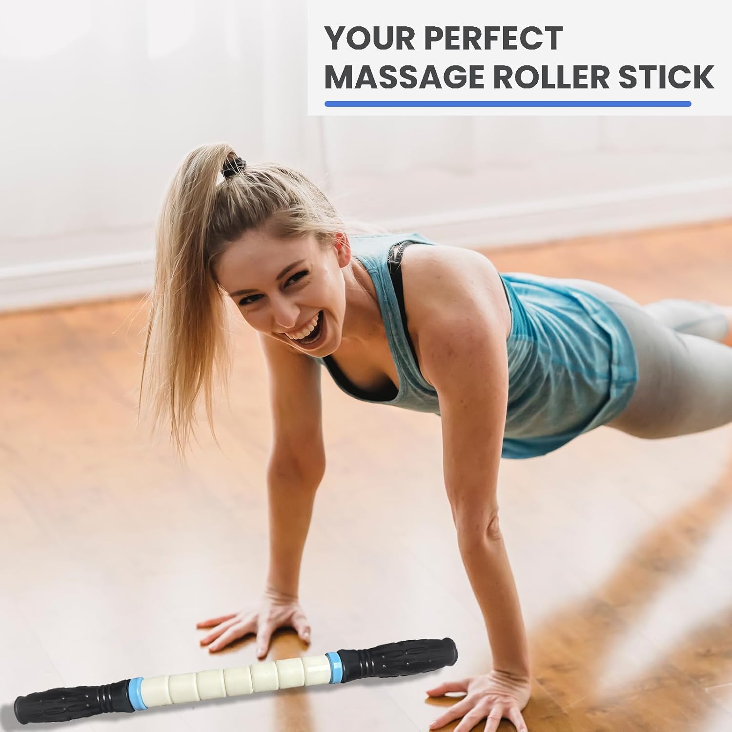 Shows the product being used in a real workout setting to demonstrate its practicality and appeal to fitness enthusiasts. Highlights the main benefit of the product as the ideal massage roller stick…