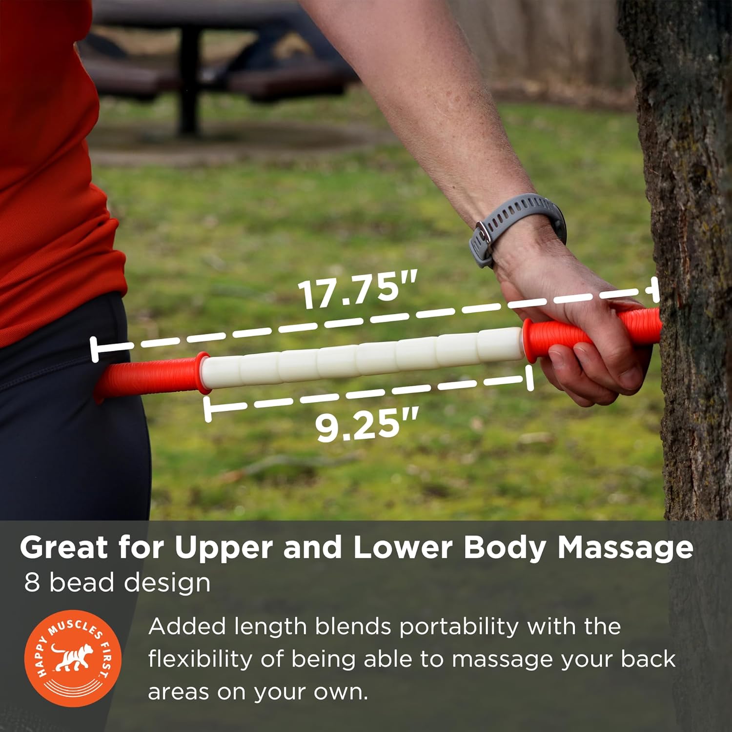 Shows the exact length of the massage stick to inform customers about its size and reach for self-massage. Demonstrates the versatility of the product for massaging different body areas, emphasizing…