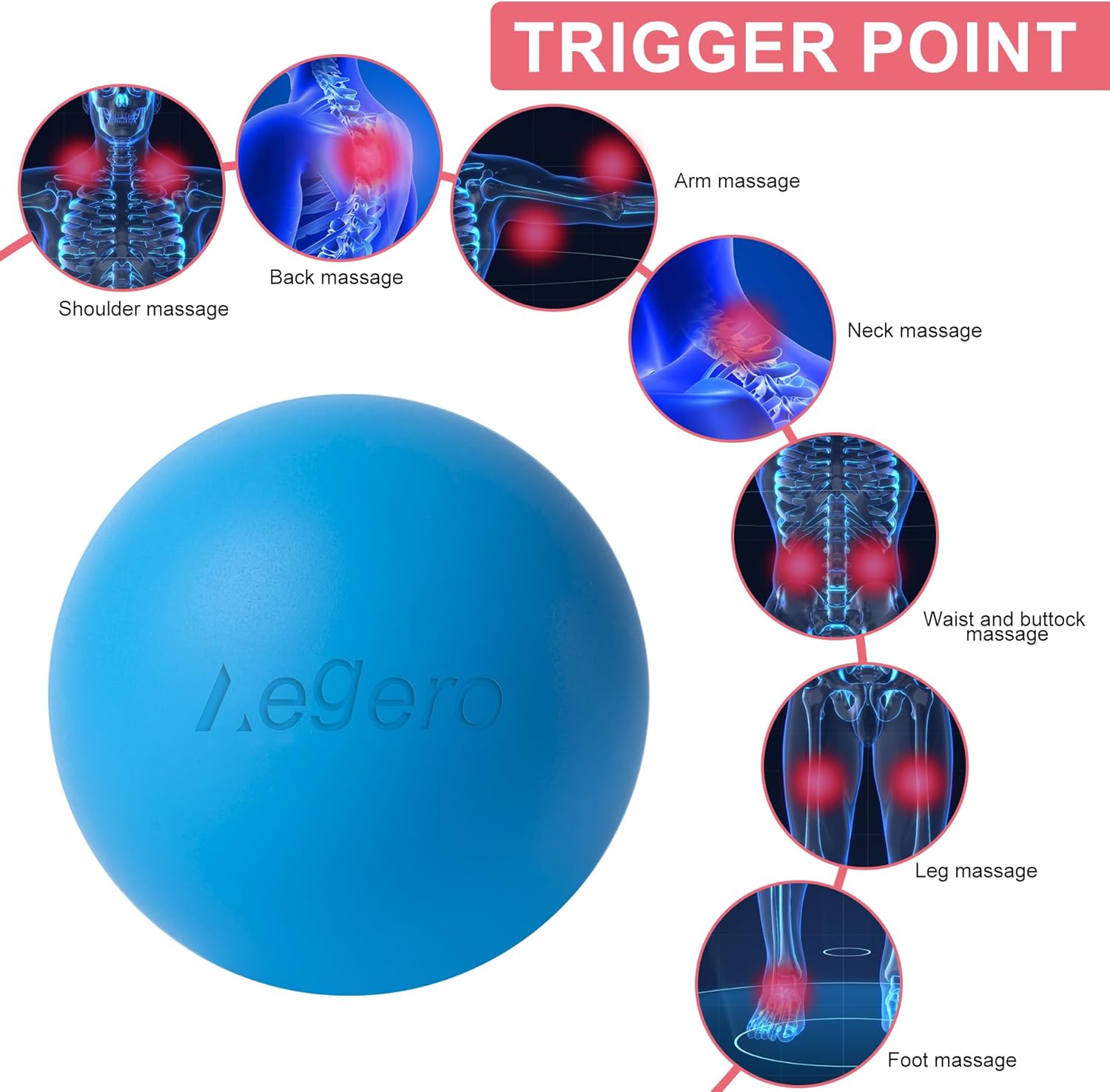 Demonstrates the versatility of the massage ball by showing various body areas it can target for trigger point release. Illustrates how the massage ball can be used on different parts of the body to…