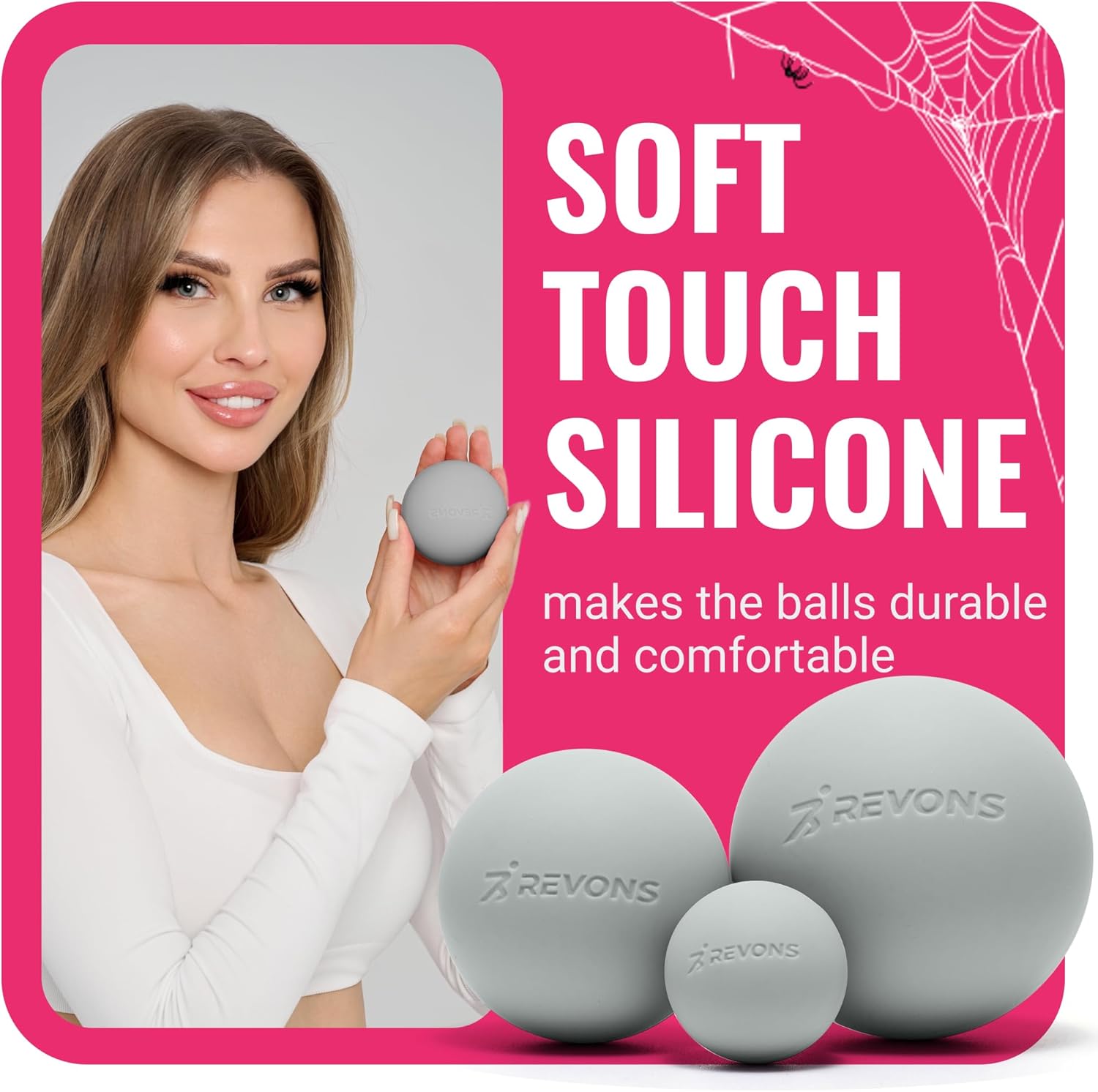 Highlights the soft touch silicone material of the balls, emphasizing their durability and comfort for the user.