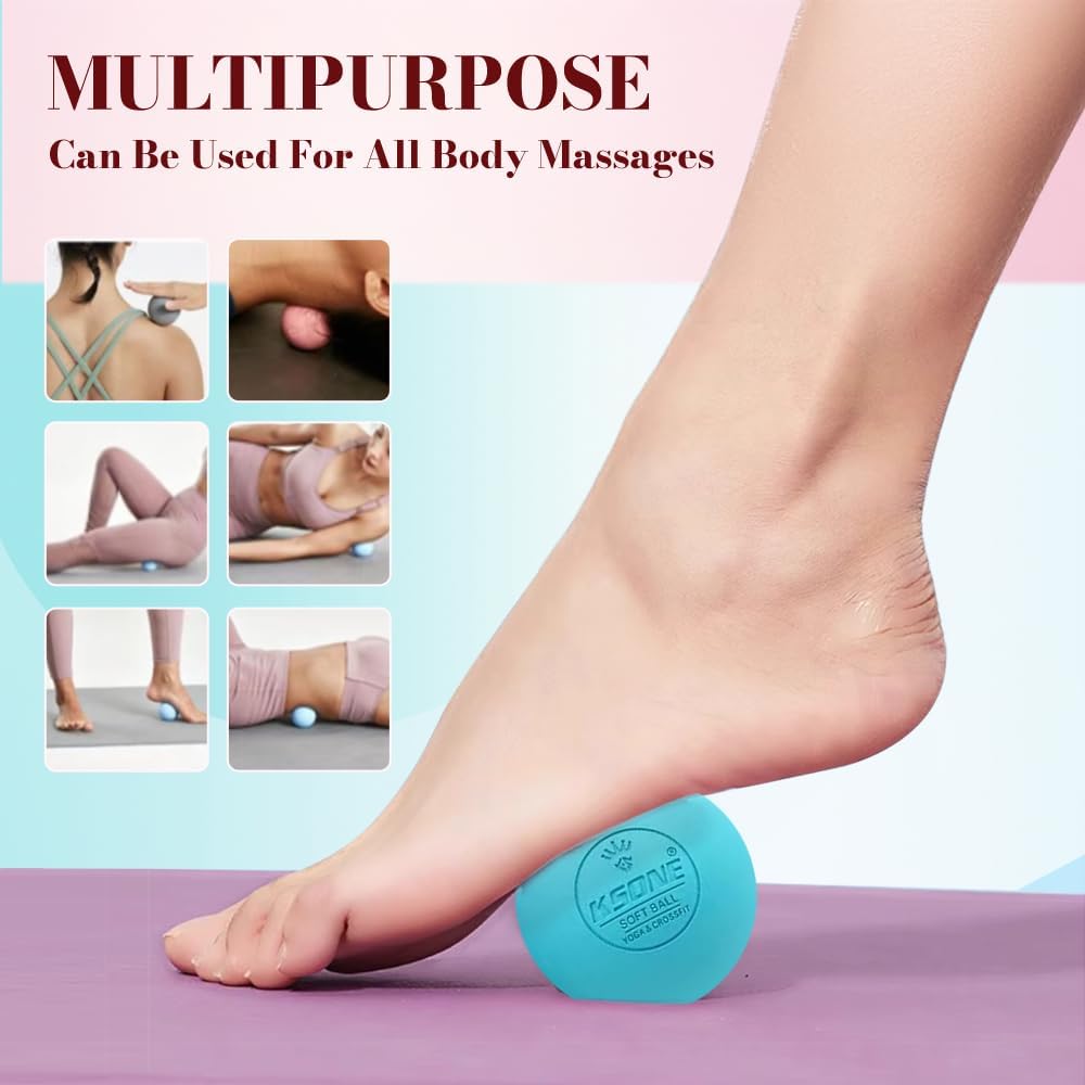 Demonstrates the versatility of the massage ball for use on various body parts, showing its effectiveness for full-body relief.