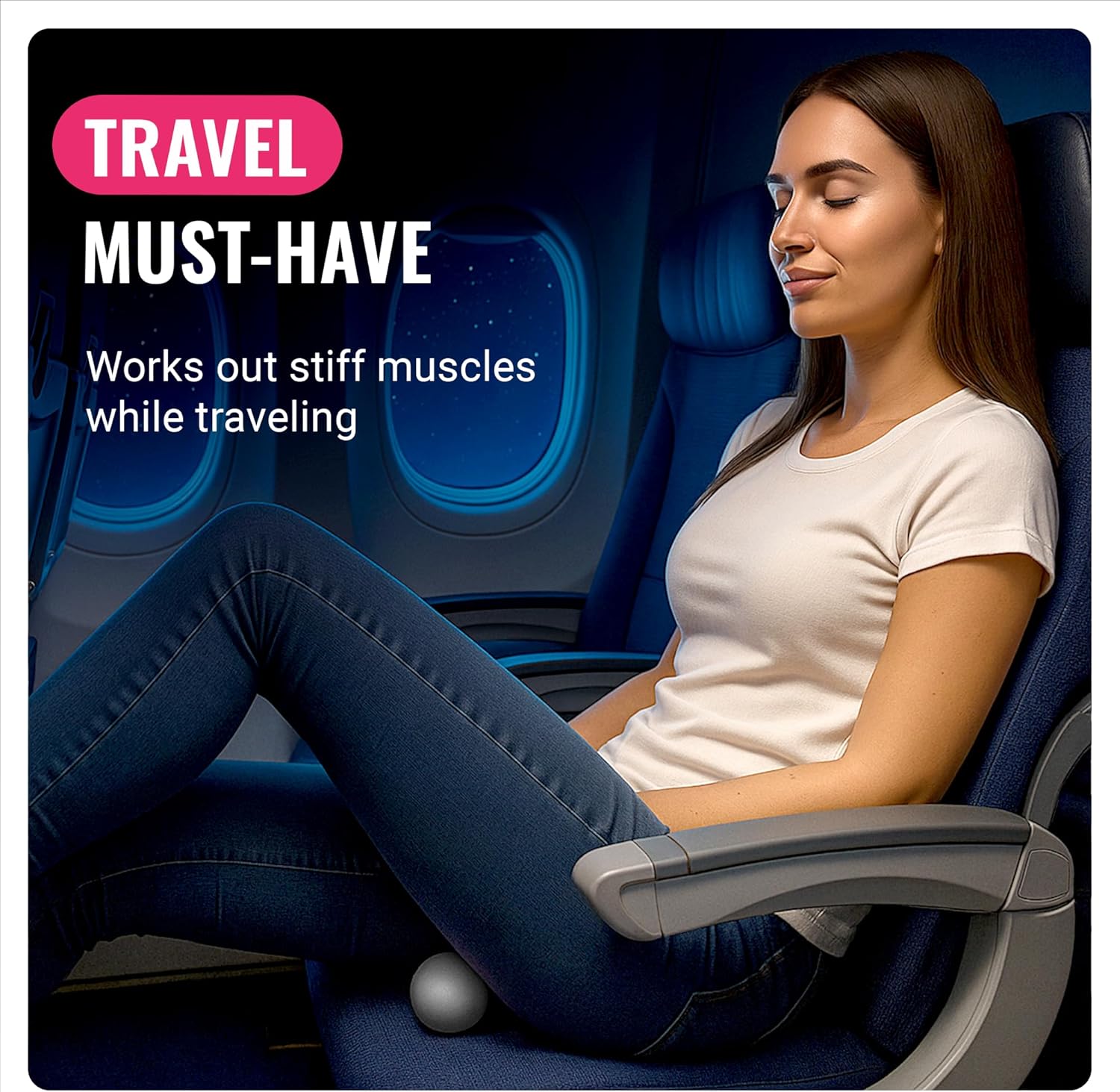 Demonstrates how the product can be used during air travel to alleviate muscle stiffness and improve comfort.