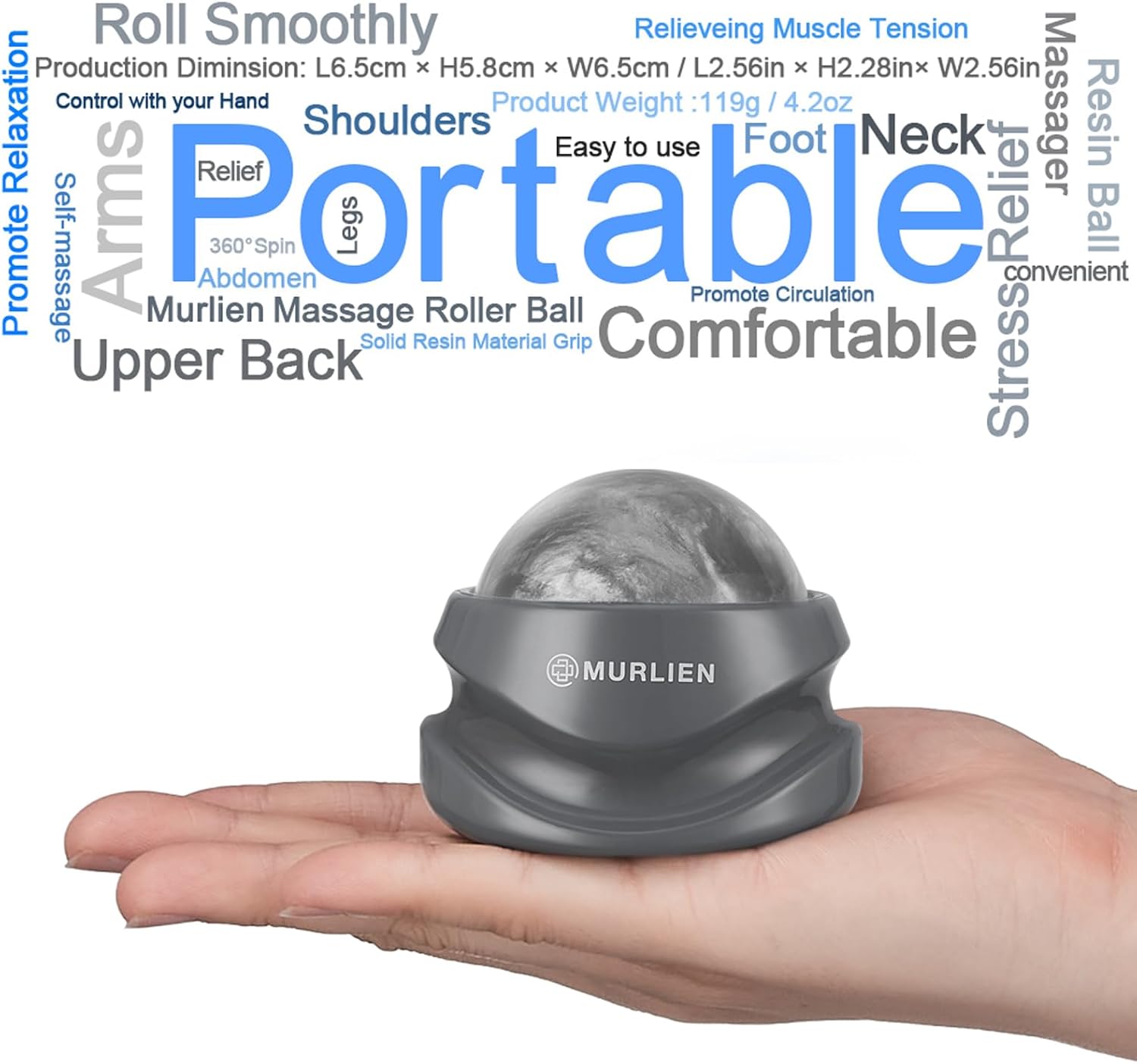 Highlights the product's portability, versatility for use on multiple body parts, and ease of use for muscle tension relief. Provides exact product dimensions and weight to emphasize its compact,…