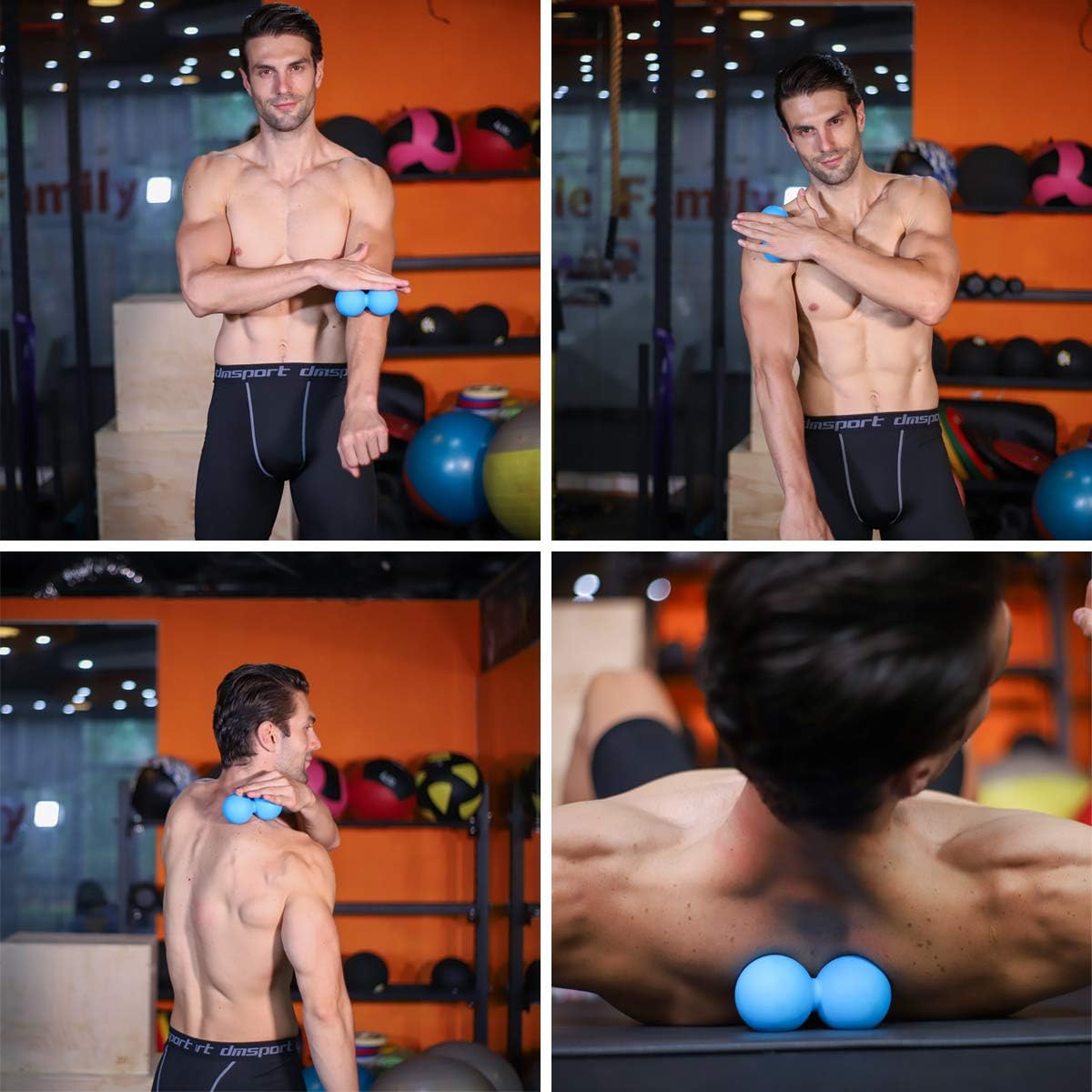 Demonstrates how to use massage balls for muscle relief in different body areas. Shows versatility of the massage balls by illustrating use on various muscle groups.