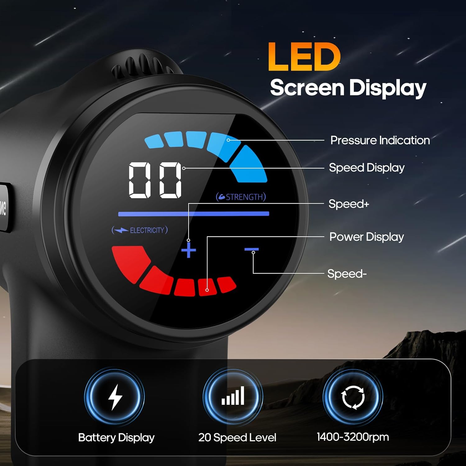Highlights the key features and information displayed on the product's LED screen, helping customers understand the device's functionality and data readouts.