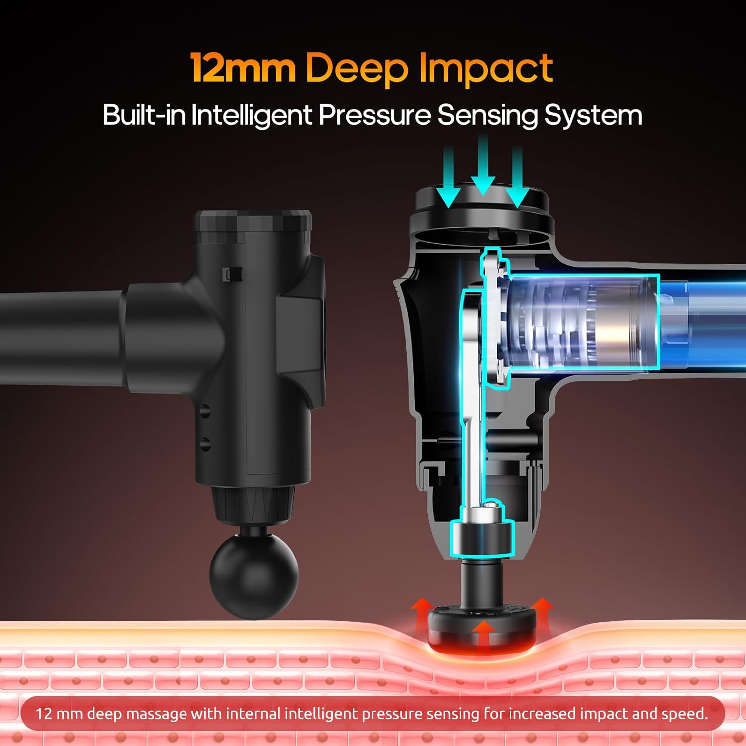 Illustrates the internal mechanism of the massage gun, highlighting its 12mm deep impact and built-in pressure sensing system for precise and effective massage.