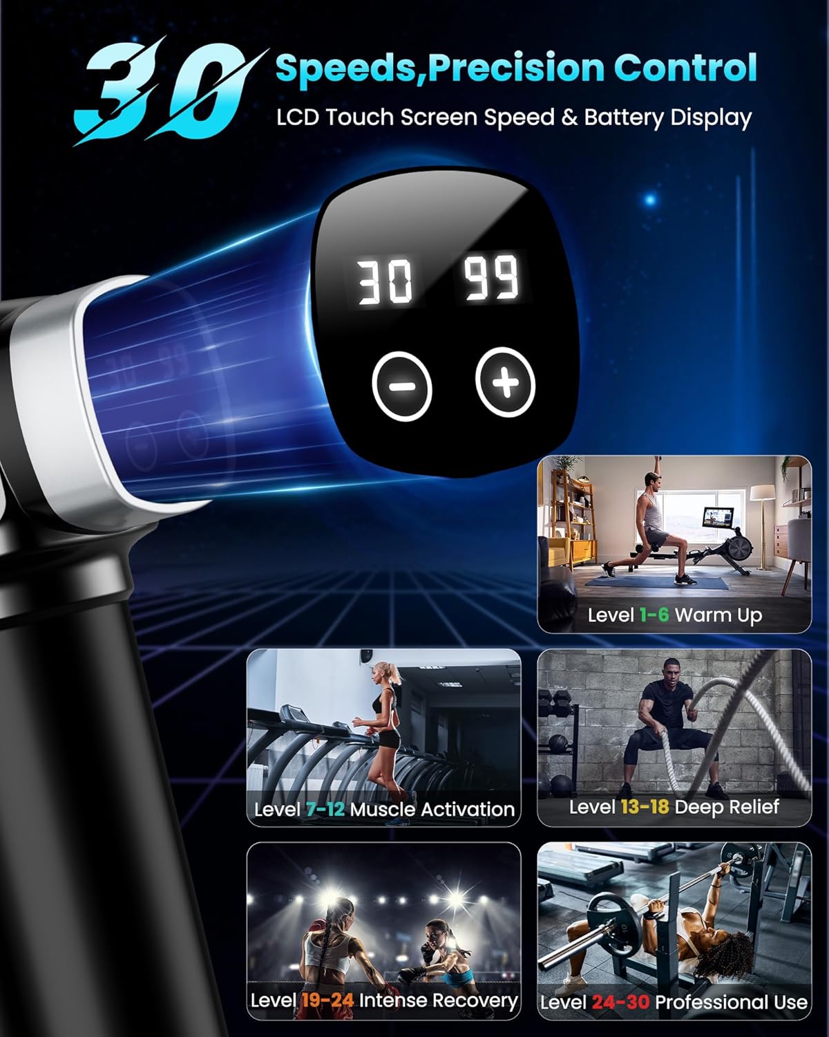 Highlights the product's 30 speed settings and LCD touch screen for precise control, showcasing its versatility for different workout intensities and…