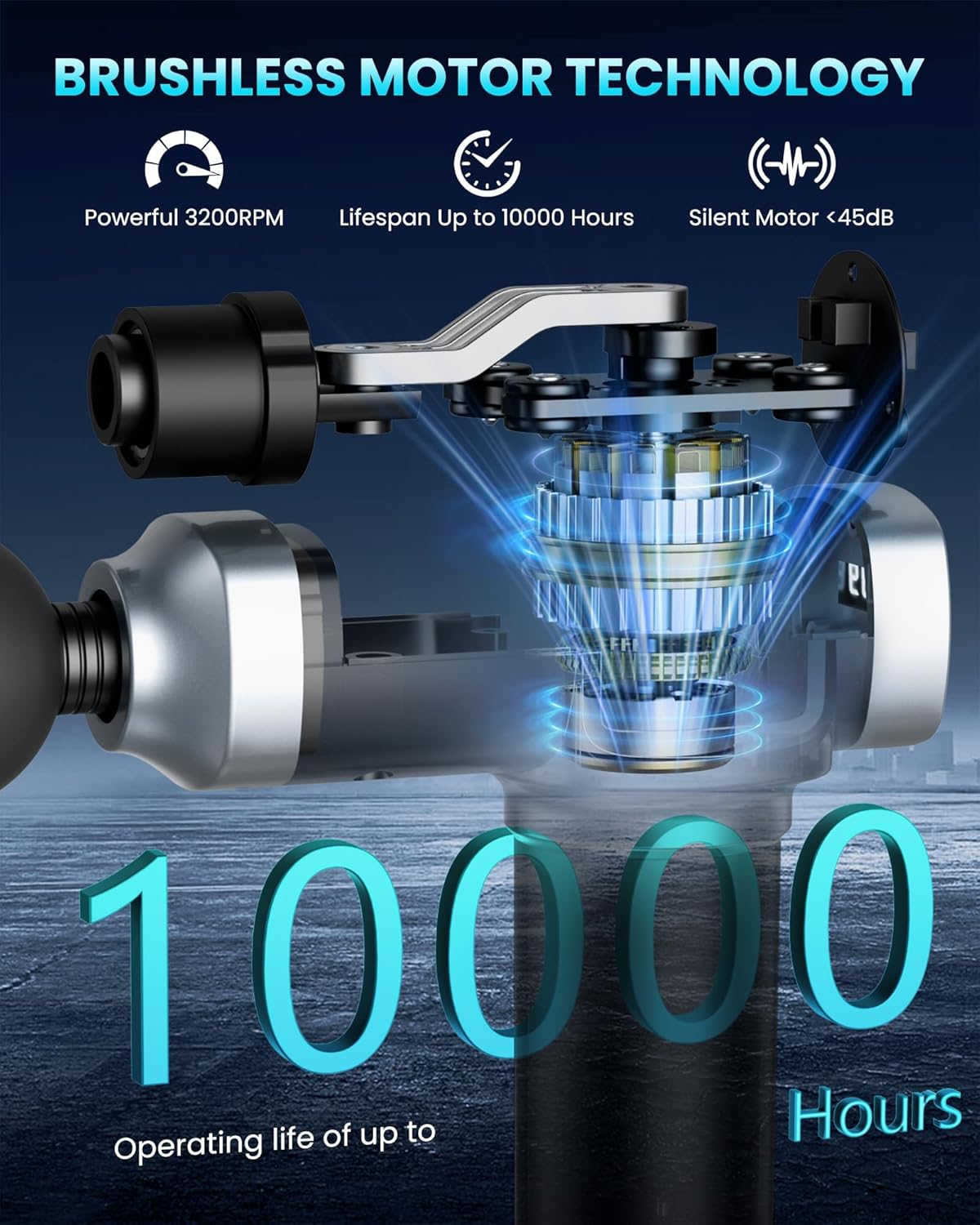 Highlights three key benefits of the brushless motor technology to demonstrate its superior performance and longevity.