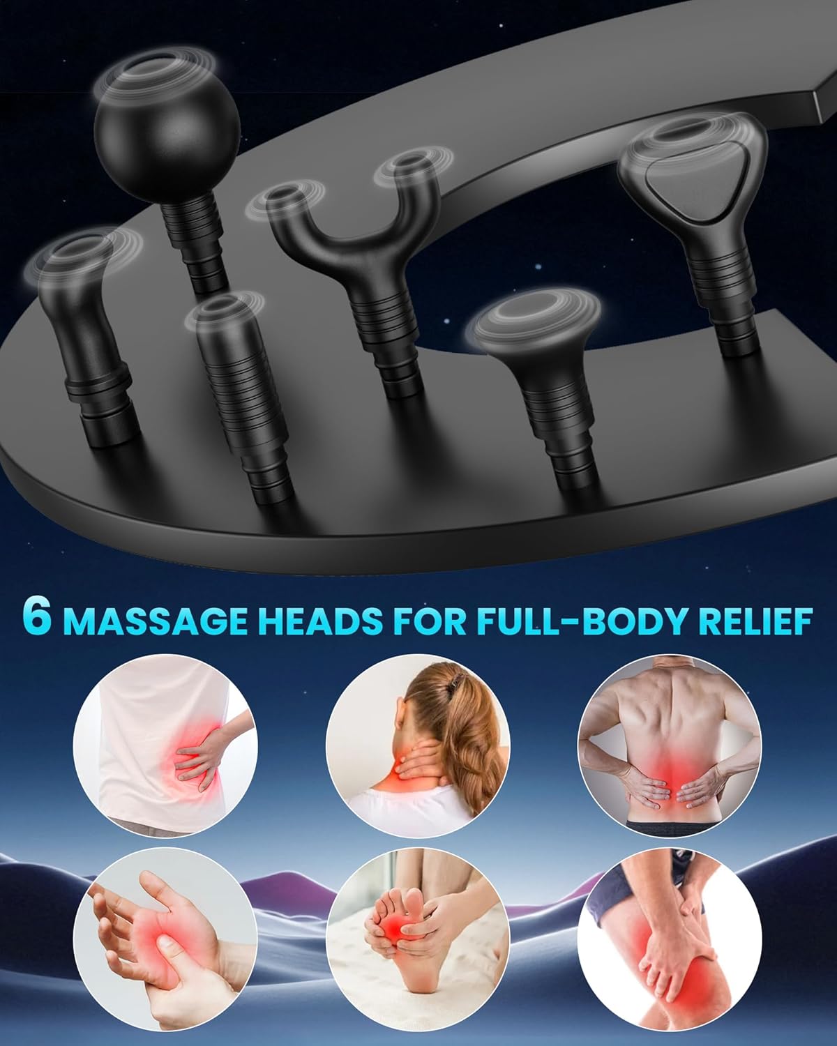Showcases the variety of massage heads available and highlights the product's ability to provide relief for different body parts.
