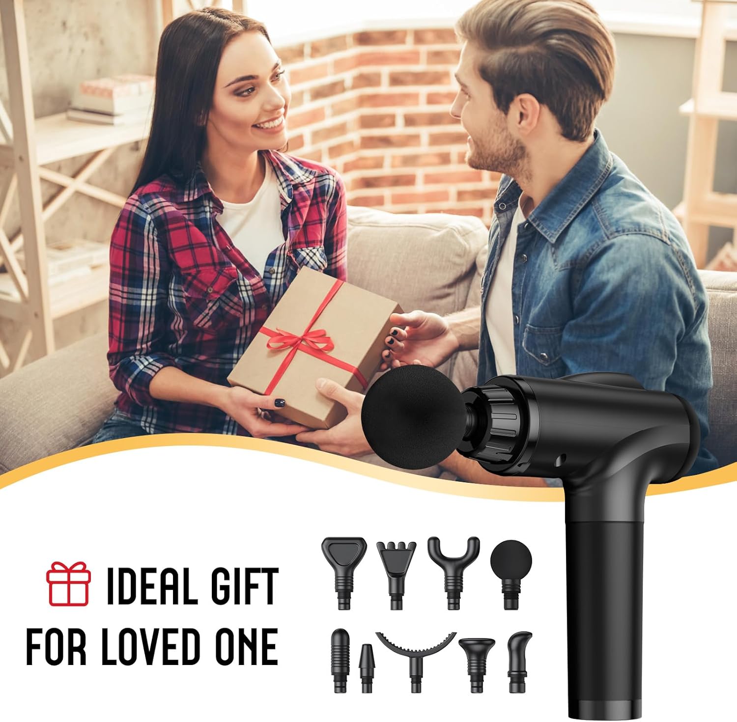 Showcases the product as an ideal gift for loved ones and demonstrates its versatility as a massage tool with multiple attachments. Highlights the various attachments included with the massage gun,…