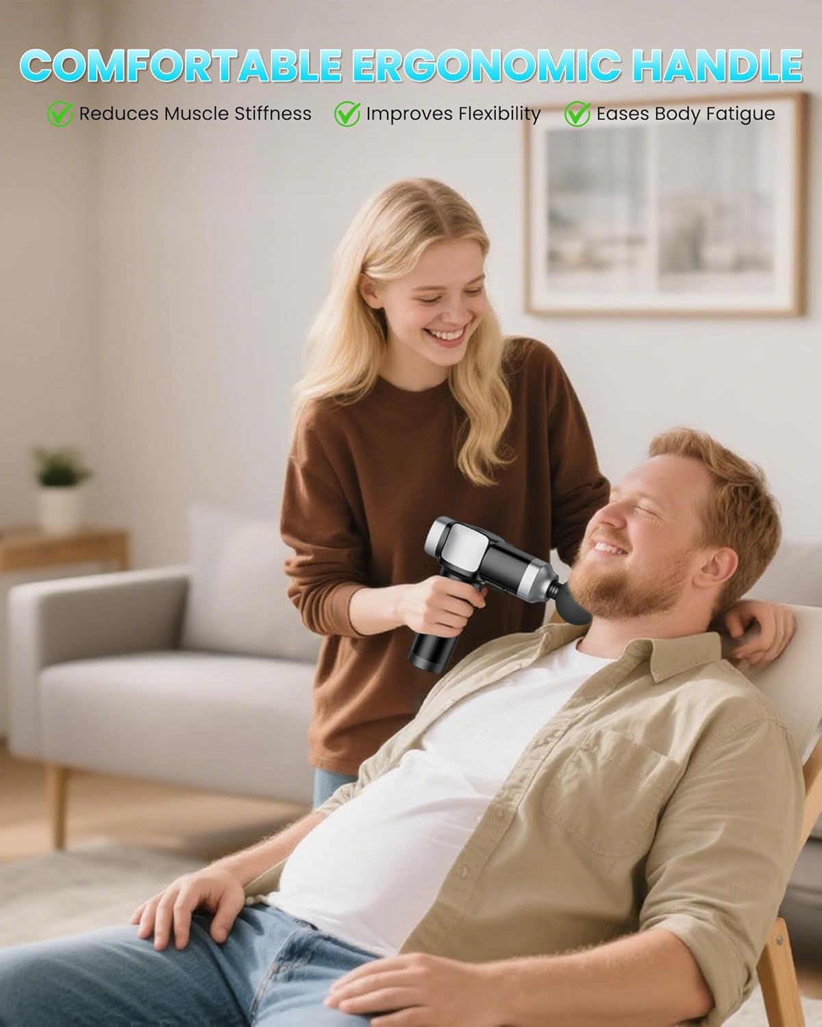 Highlights multiple benefits of the product's ergonomic handle design, emphasizing improved comfort and reduced physical strain for users.