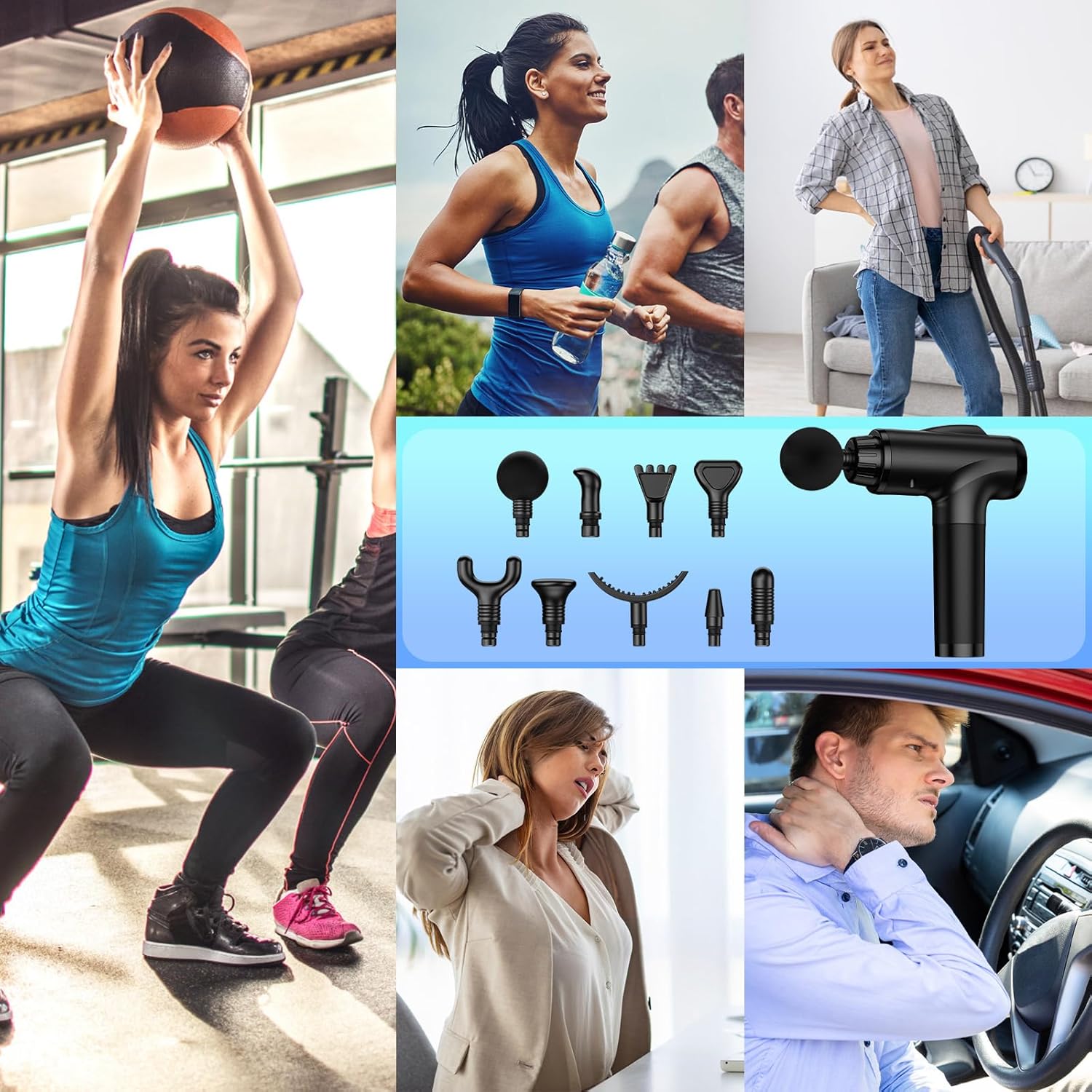 Demonstrates the various situations where the massage gun can be used, from sports and exercise to everyday activities, highlighting its versatility for muscle recovery and pain relief.