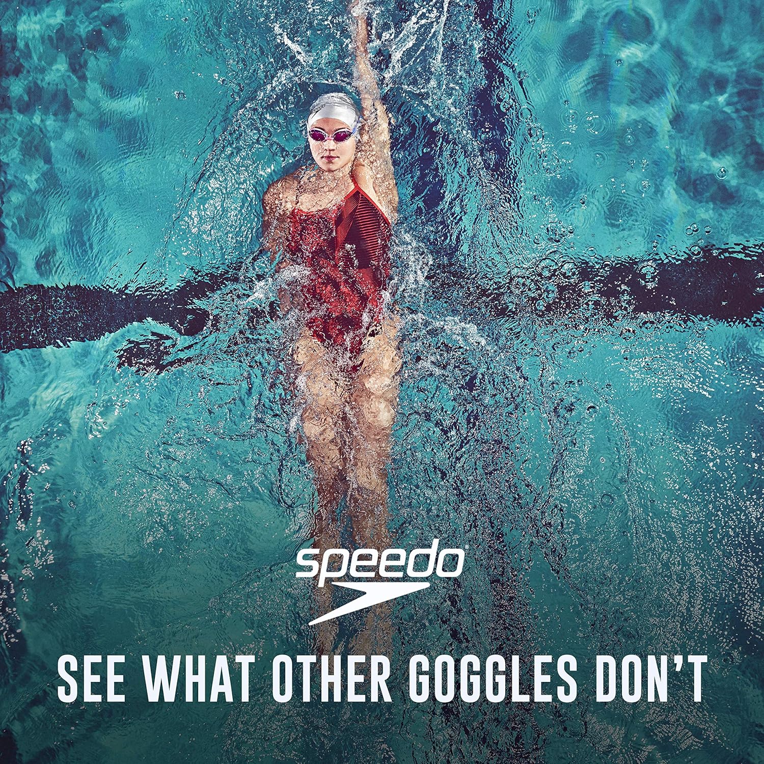 Emphasizes Speedo's superior goggle technology, showcasing clear underwater vision and brand identity. Highlights the goggles' ability to provide clear underwater vision, setting them apart from…