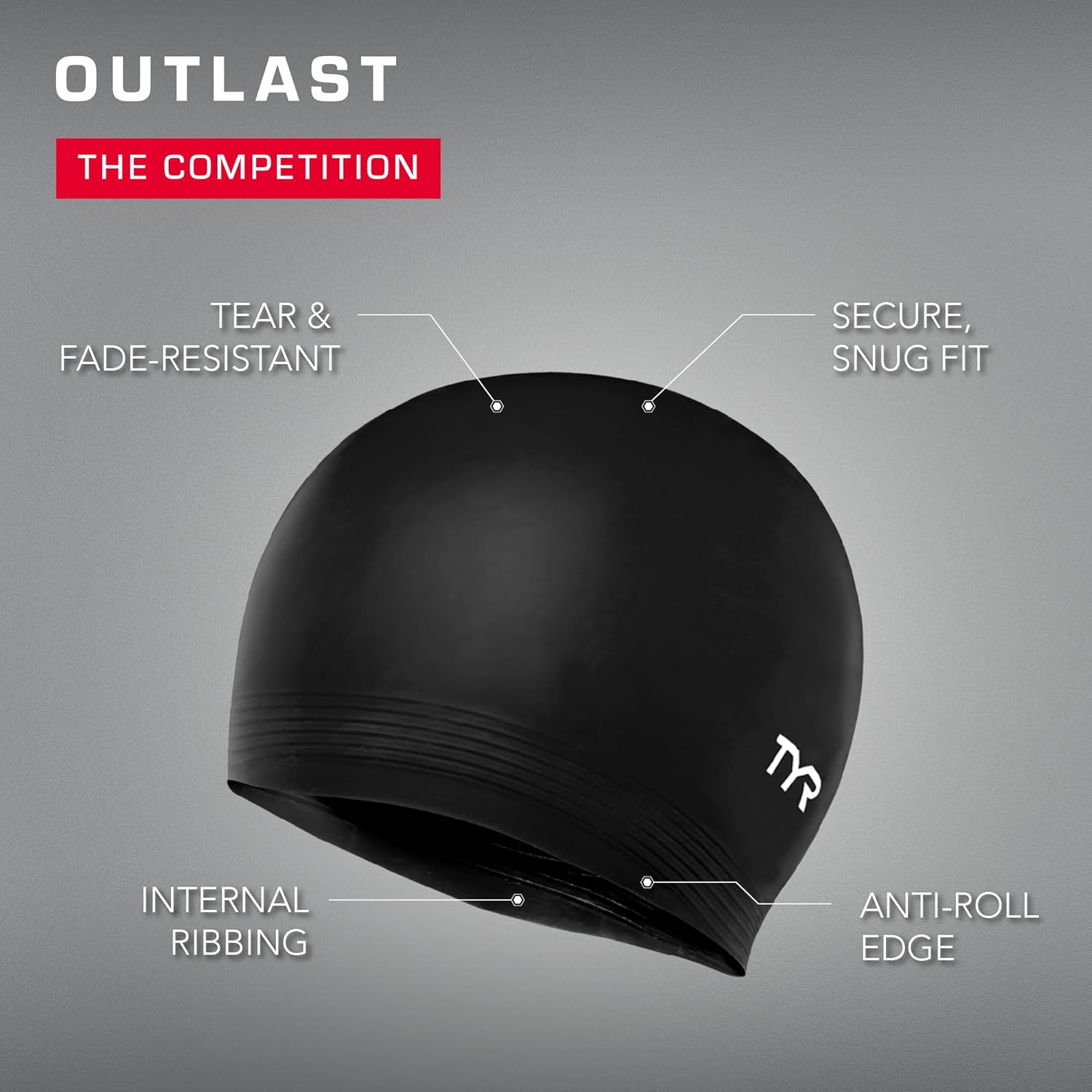 Highlights key features of the swim cap to demonstrate its durability and superior fit compared to competitors. Emphasizes the product's superiority over competing swim caps in terms of longevity…