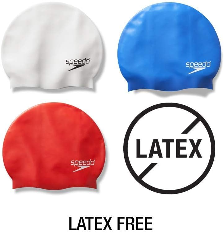 Informs customers that the swim caps are latex-free, addressing safety concerns for those with latex allergies. Shows the different color options available for the swim caps, helping customers…