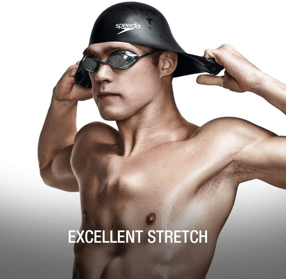Highlights the stretchability of the Speedo swimming cap, demonstrating its comfort and ease of use for swimmers.