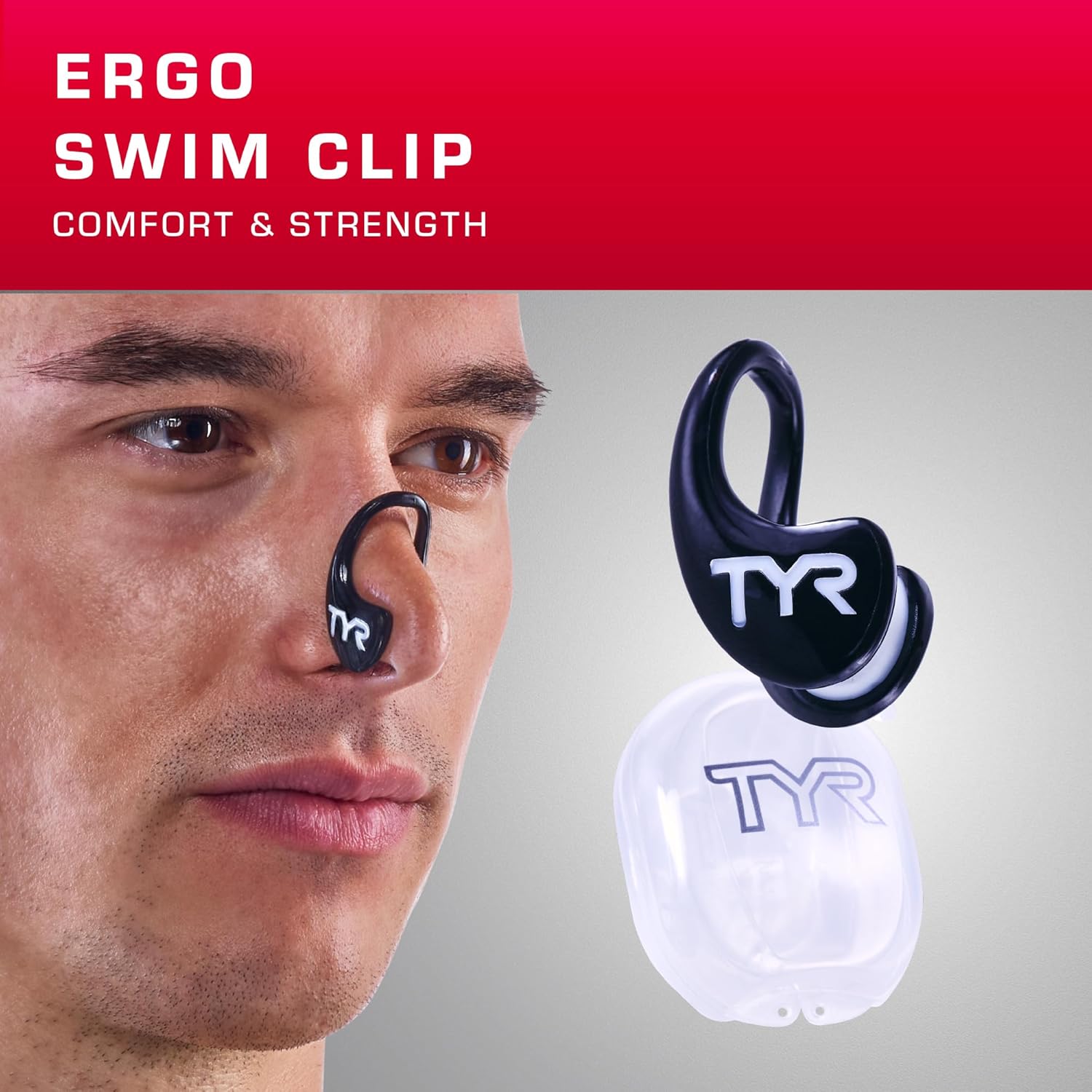 Highlights the comfortable and strong design of the swim clip, emphasizing its ergonomic fit for swimmers.