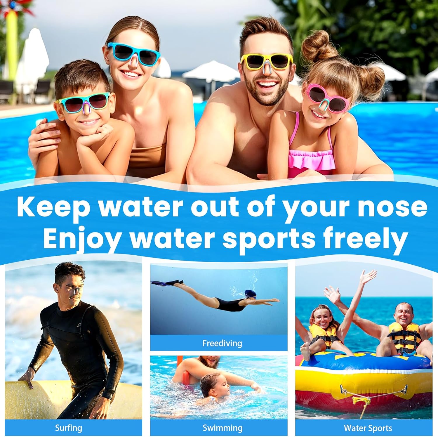 Shows different applications for using this nose clip. 

Surfing, freediving, swimming and water sports. 